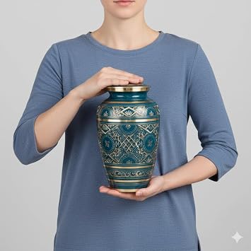 Azure Cremation Urn by Beautiful Life Urns - Exquisite Blue Funeral Urn with Stunning Gold Etched Design (Large, Adult)