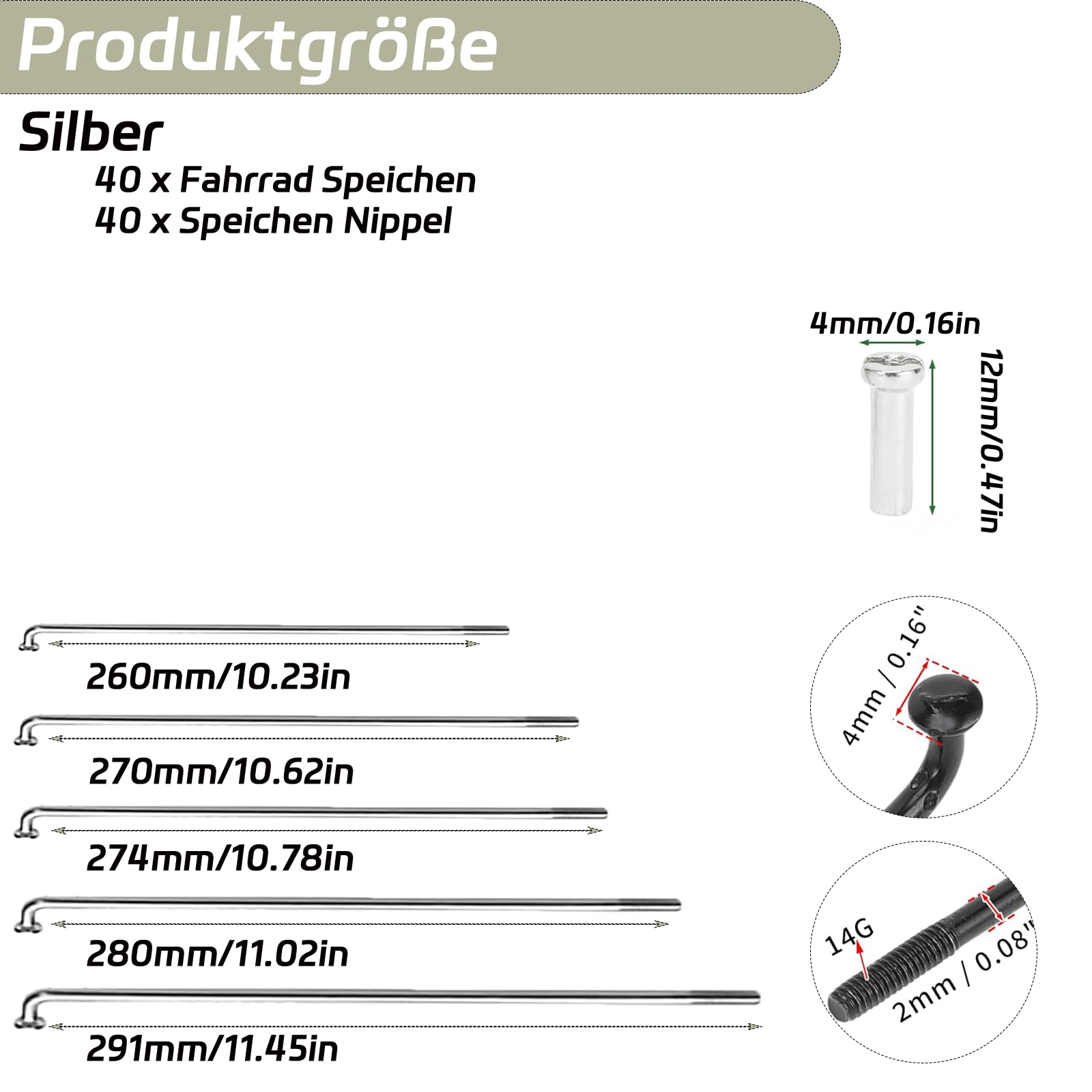 40 sztuk szprych rowerowych ze szprychami rowerowymi, średnica 2 mm, stal nierdzewna, szprychy 14 G/K, do szprych rowerów MTB, rowerów miejskich, downhill i e-bike – srebrne