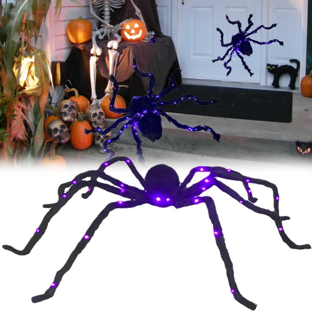 Halloween Decorations Outdoor 50'' Giant Light Up Spider Glowing Black Spider for Web Tree Indoor Outdoor Porch Scary Haunted House Theme Party Halloween Yard Home Garden Decoration