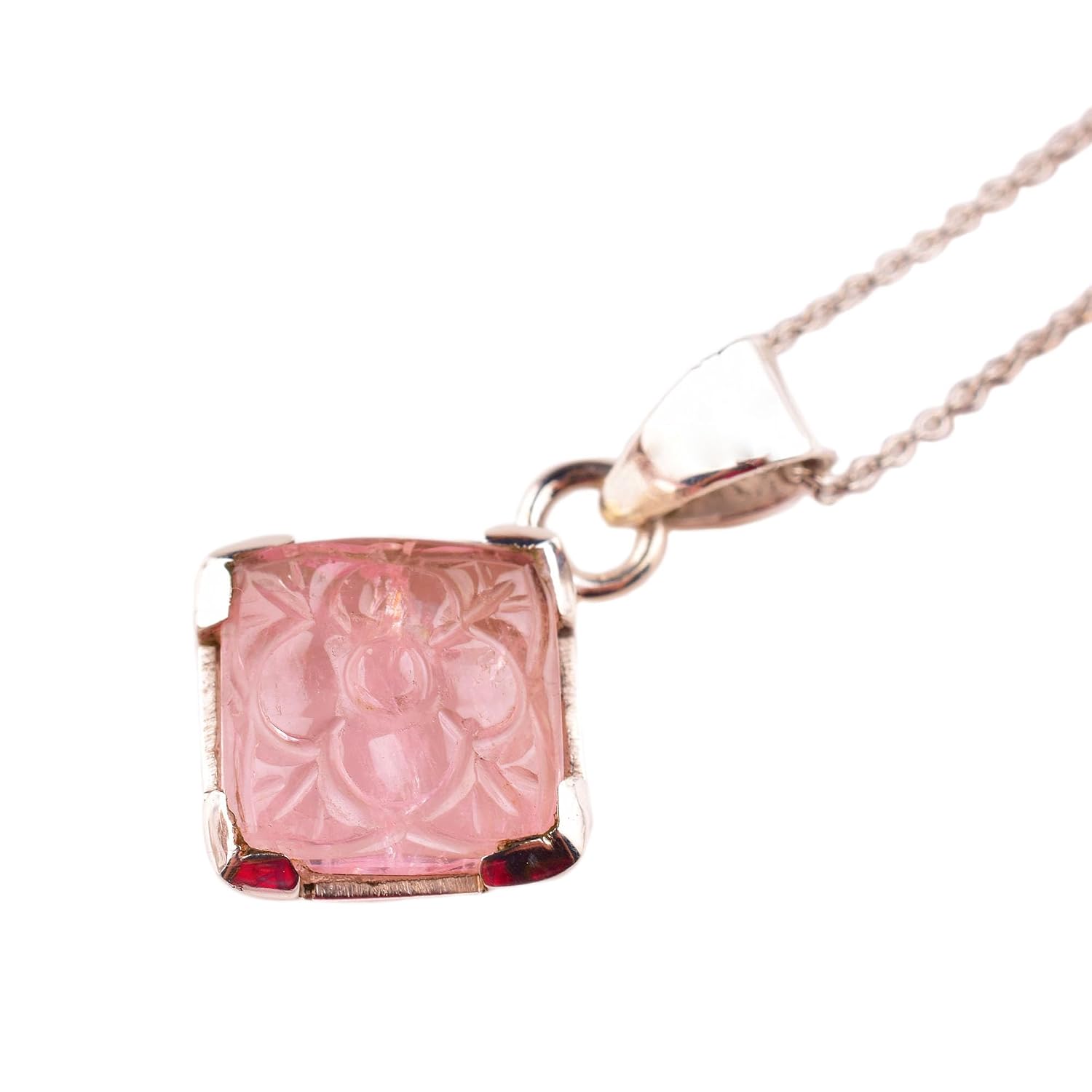 Natural Pink Morganite Crystal Gemstone Dainty Women Pendant Necklace, Chakra Healing Crystals, Birthstone, Gift, Rhodium Plated 925 Sterling Silver Chain 18 inch Carving Stone