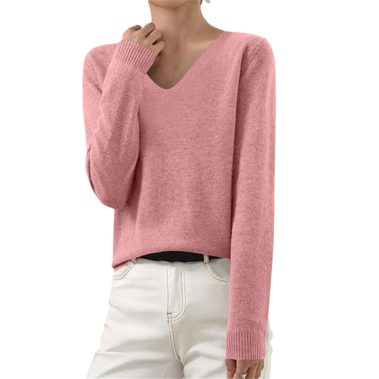 Womens Cashmere Sweater 2025 Fall Winter Knit Sweaters Long Sleeve V Neck Loose Tops Solid Color Soft Comfy