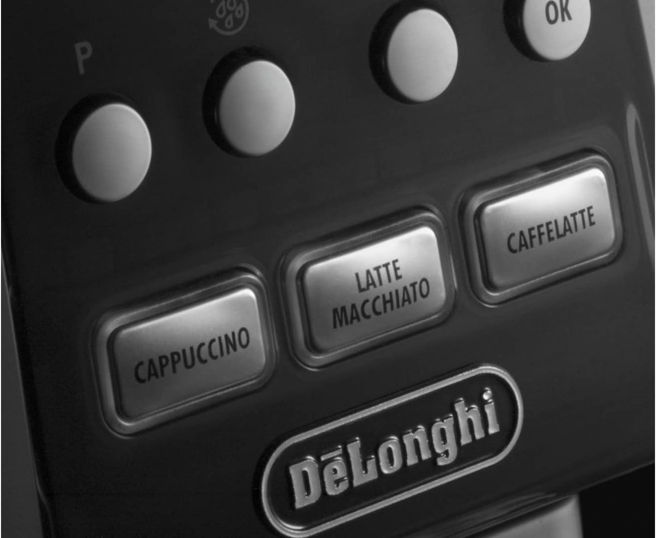 Close-up of the De'Longhi ESAM6600 control panel with beverage selection buttons