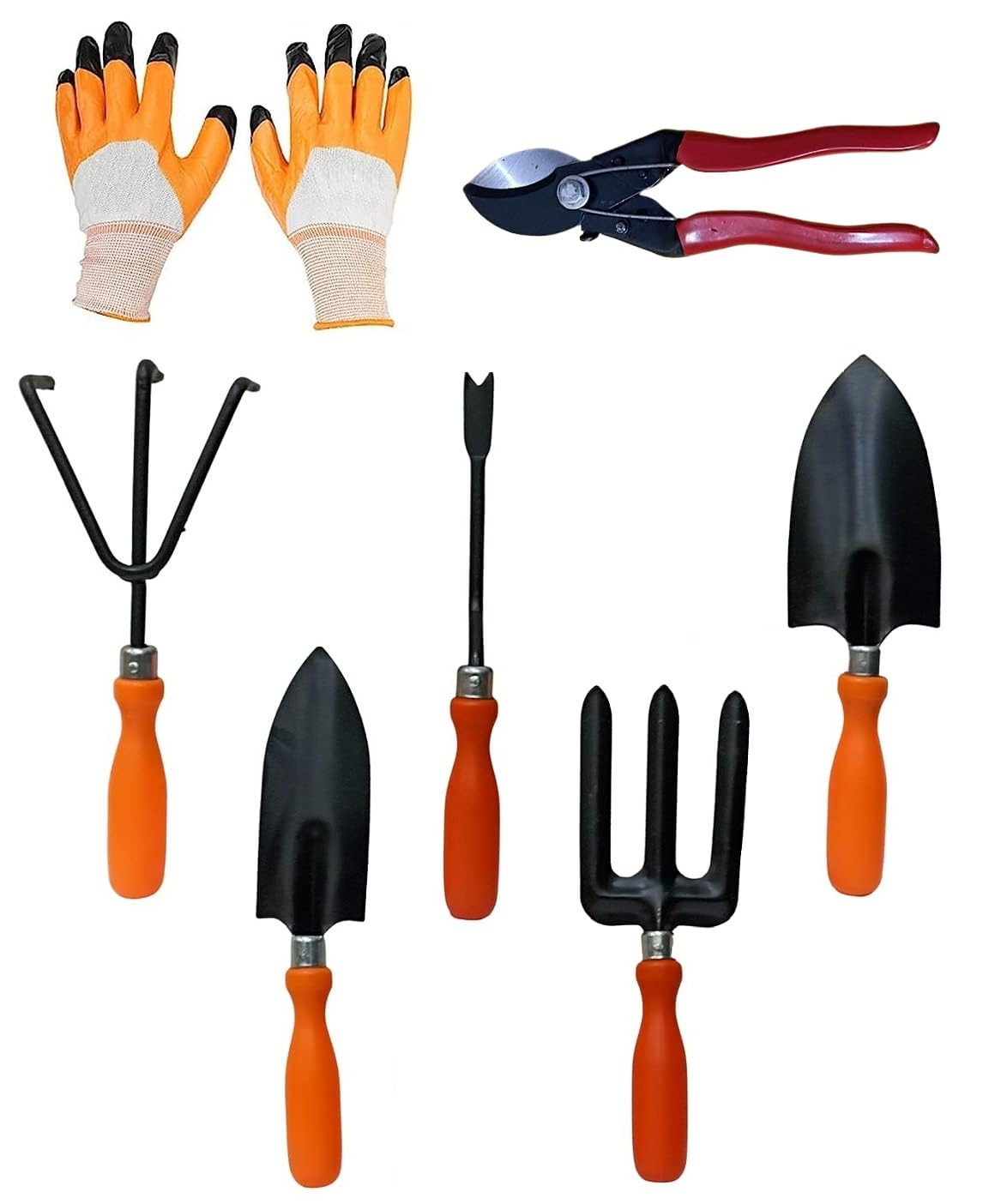 Aarav Modern Tool Set of 7 for Home Gardening | Weeder, Rake, Big Hand Spade, Small Hand Spade, Fork, Pruner & Gloves | Durable & Sturdy (Double Cut)