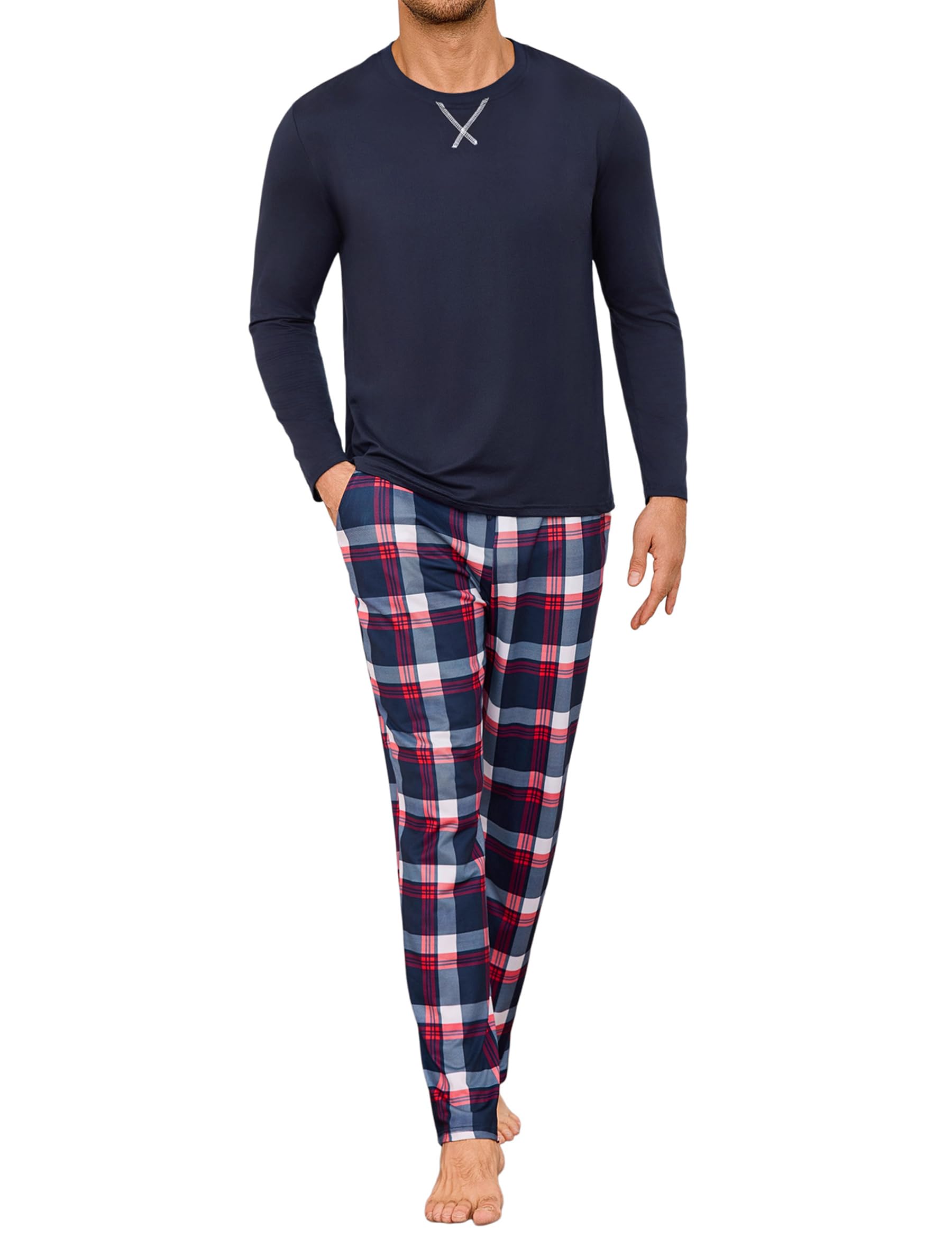 Demegimi Schlafanzug Herren Lang Baumwolle Pyjama Herren mit Rundhals und Karierter Hose Loungewear Sleepwear