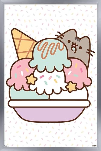 Trends International Pusheen - Póster de pared de helado, 14.72 x 22.37 pulgadas, versión enmarcada plateada