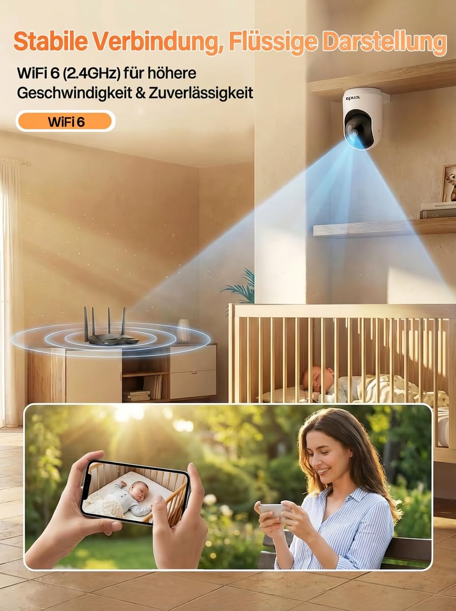 Tenda Telecamera Wi-Fi Interno 2K, WiFi 6 360° per Bambini/Animali, 3MP Visione Notturna, Rilevamento Umano AI, Audio Bidirezionale, No Abbonamento Obbligatorio, CP3