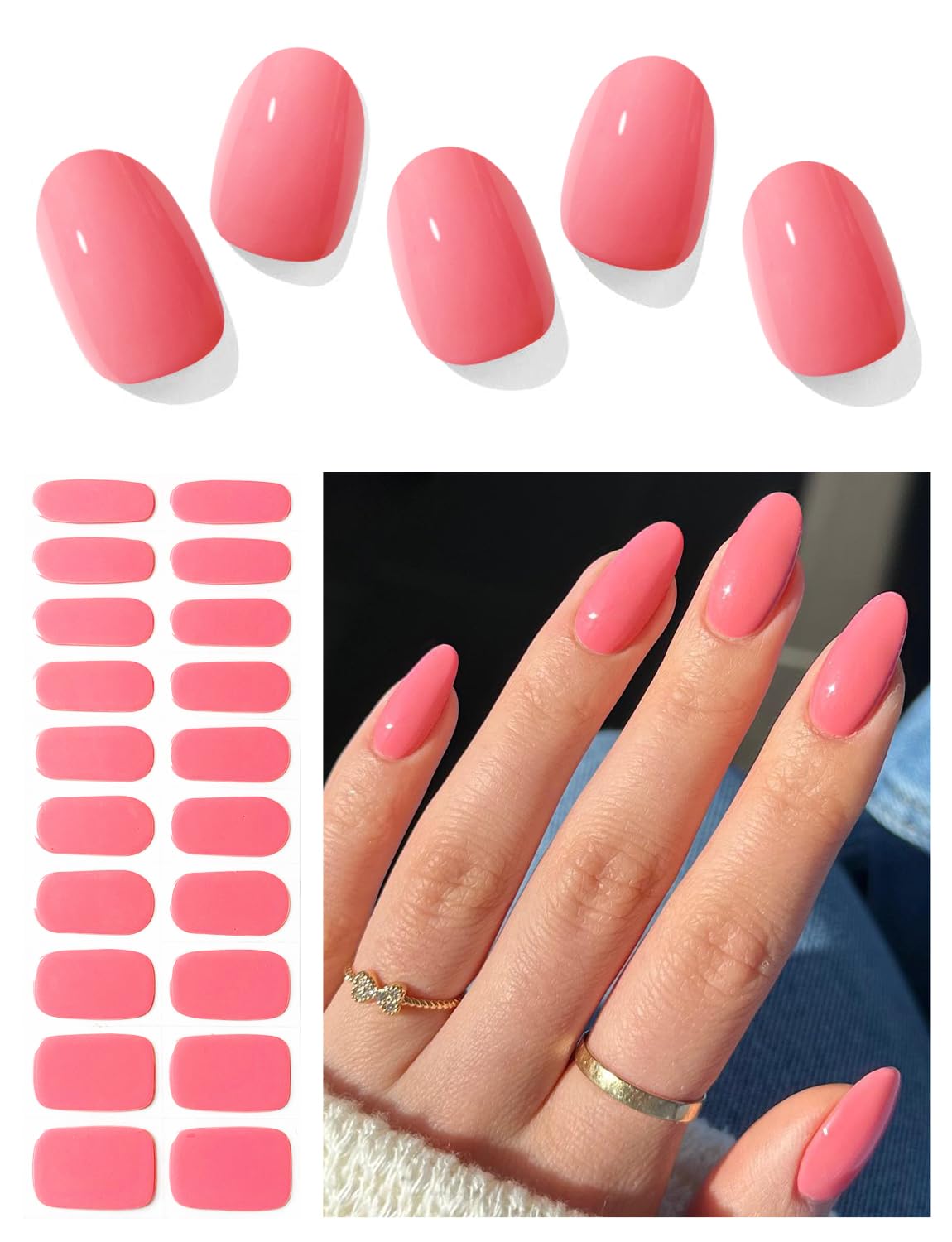 Semi Cured Gel Nail Strips (Bright Coral), 20 Pcs Gel Nail Wraps, Stickers, UV Light Required, Salon Quality, Long Lasting