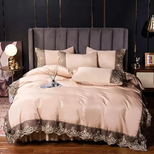 Luxury Satin King Size Duvet Cover And Pillow Set With Bed Skirt Perfect For Wedding Or Romantic Nights Soft Elegant Princess 4 Piece 100% Microfiber With Lace Boarder (Light Cappuccino) #TOP2