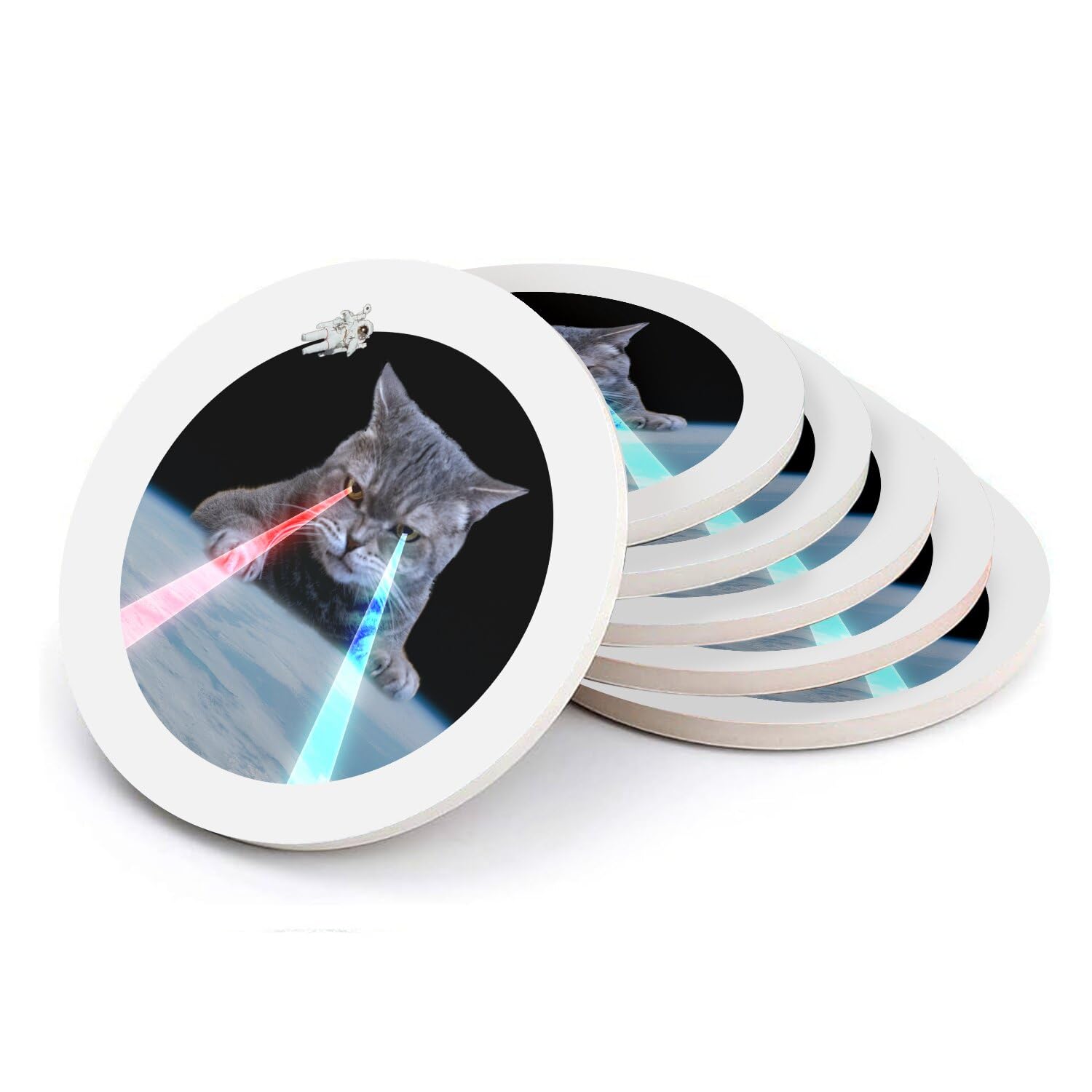 Sous-verre ronds en céramique chat laser style vintage pour décor de table insolite lot de 6