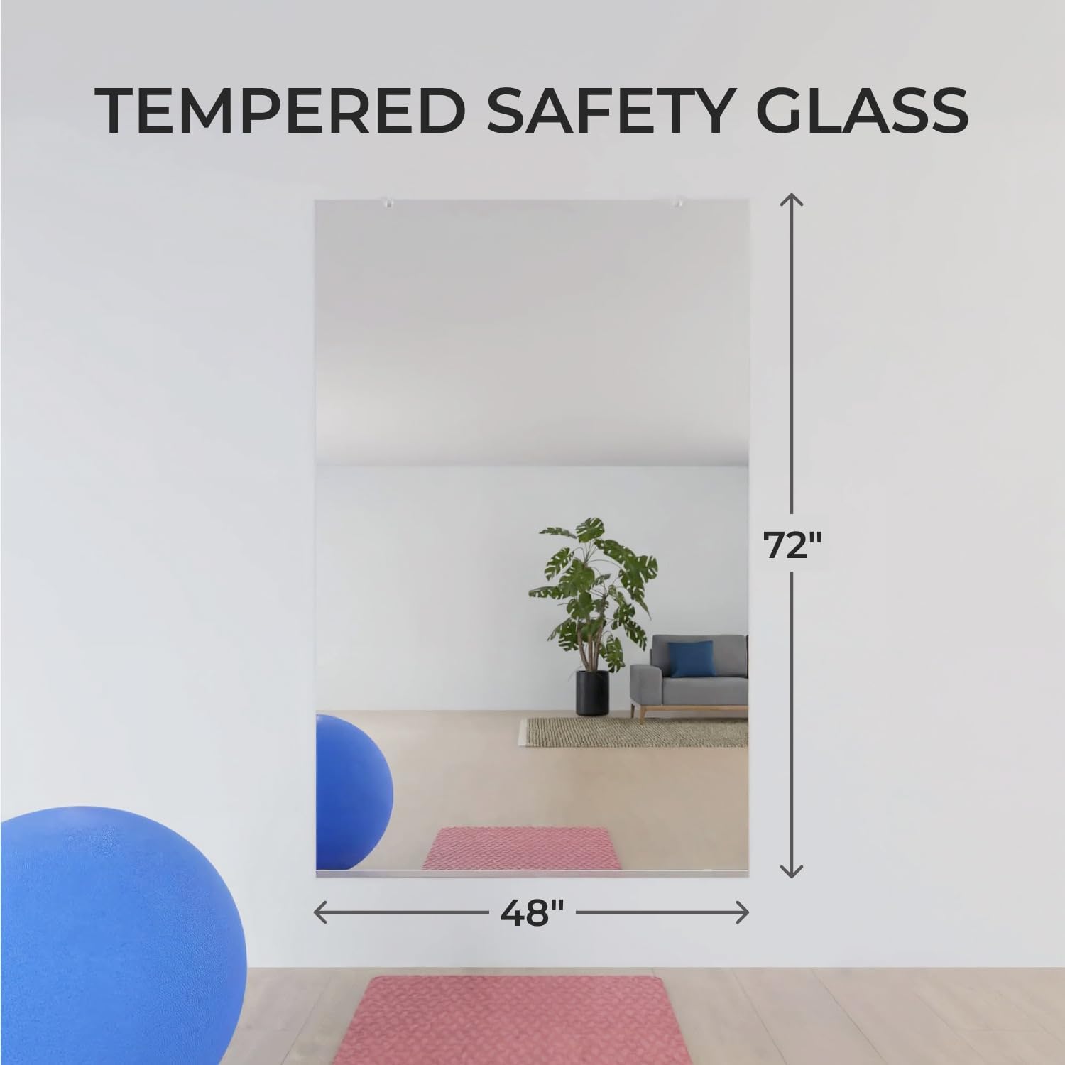 Fab Glass and Mirror Tempered Glass Gym Mirror - 48”x72” Shatterproof HD Wall Mirror for Home Gym, Dance Studio, Workout Room - Professional Grade Safety Backing - USA Exclusive Frameless Design