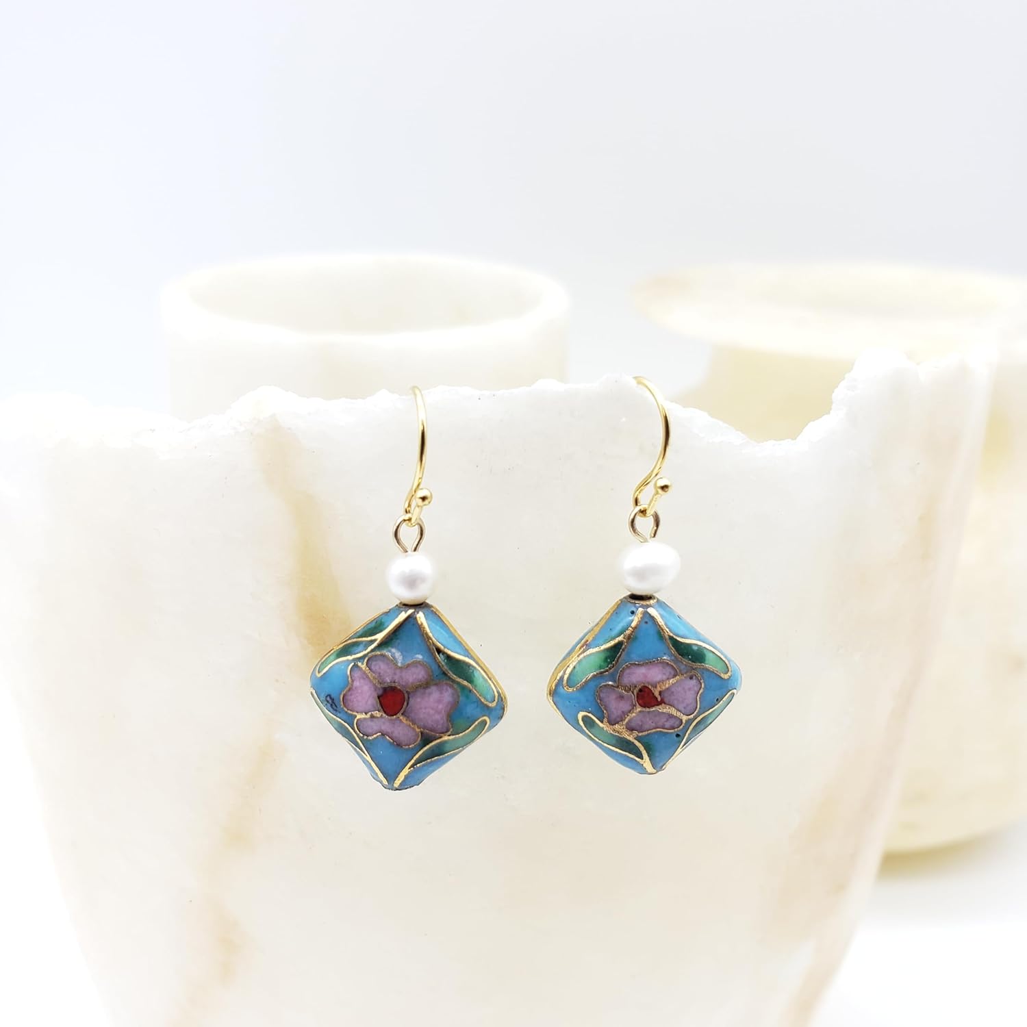 Asian Floral Earrings with Pearl - Cloisonne Bead - Soft Blue