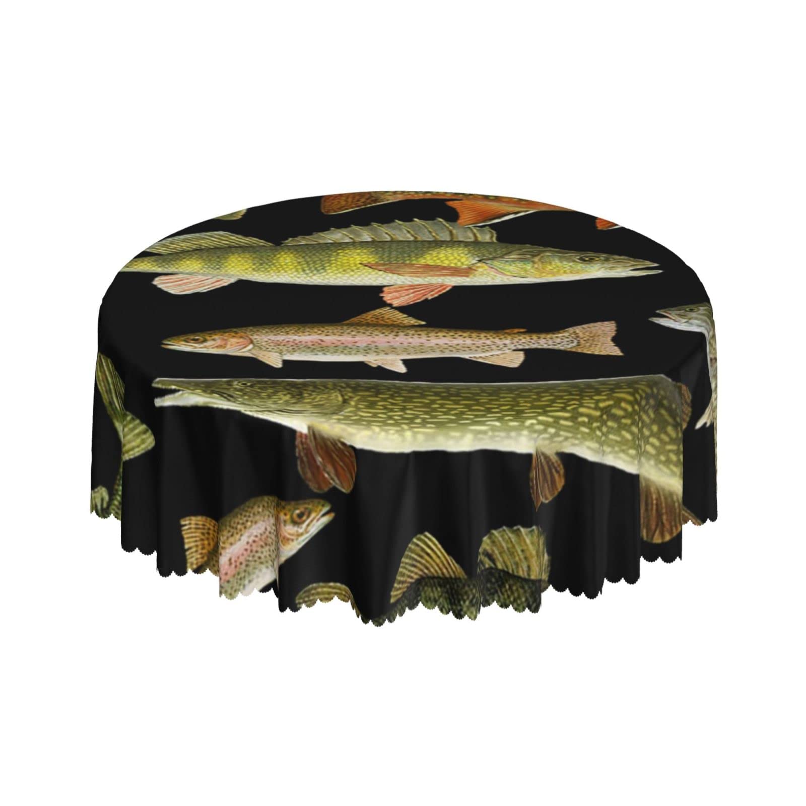 Lsjuee Fish Green Fishing Round Tablecloth 60 Inch Printed Washable Tablecloth for Dining Party Holiday Fall Home Decorative