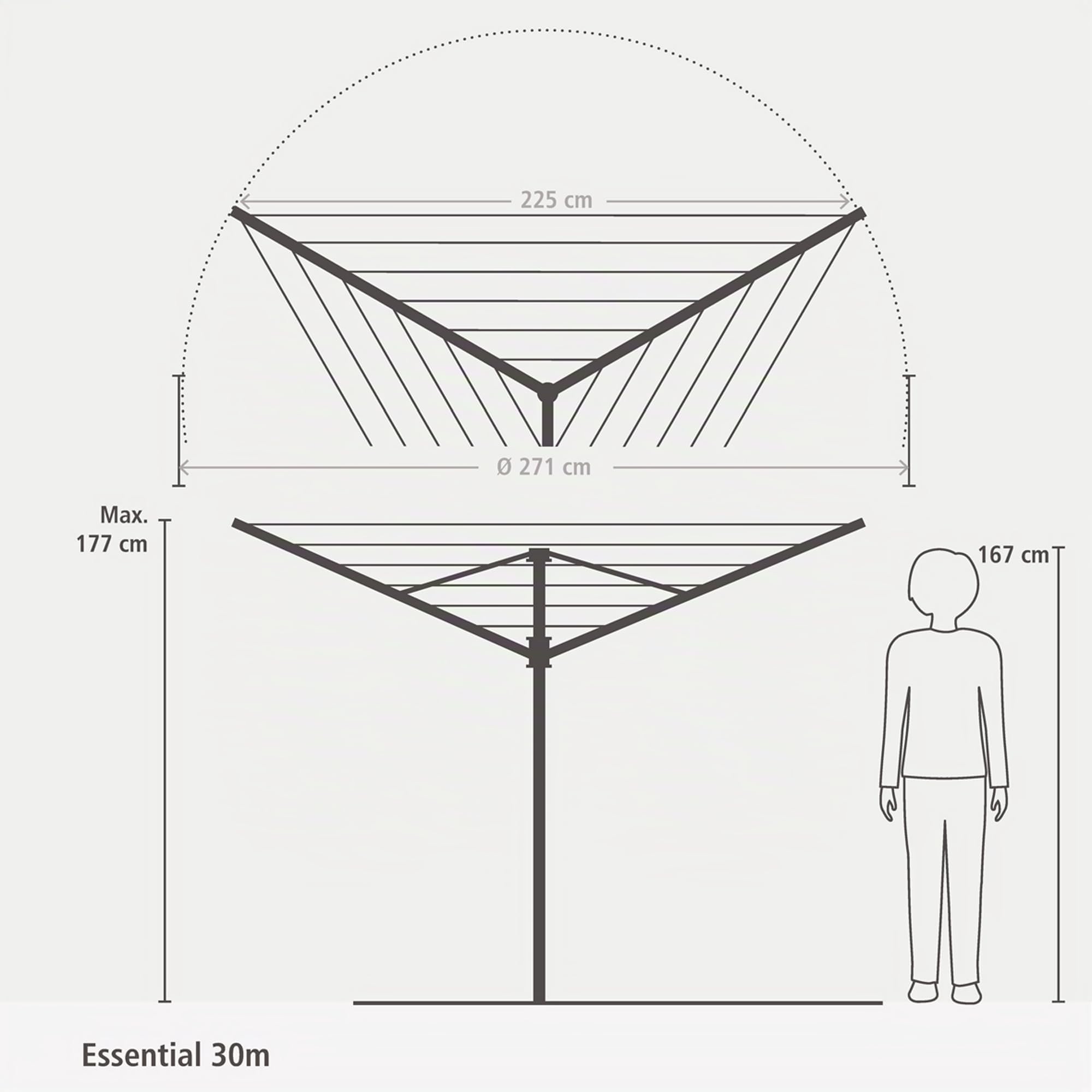 Brabantia - Séchoir Rotatif Essential - Etendoir Linge Extérieur - Antidérapantes - Résistantes aux UV, 30 m - Ouverture Facile - Compatible avec Les Cintres - Gris Métallique - ø 271cm