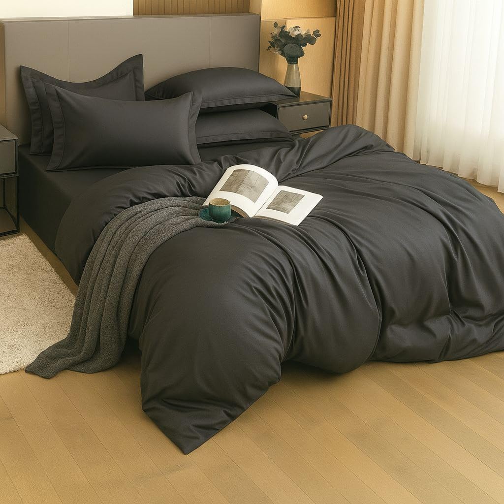 600 TC Egyptian Cotton Duvet Cover Set Double Size – Ultra Soft Premium Fabric with Hidden Zip – 1 Duvet Cover (90x100 inch) + 2 Pillow Covers (18x28 inch) – Luxury Dark Grey-image-47