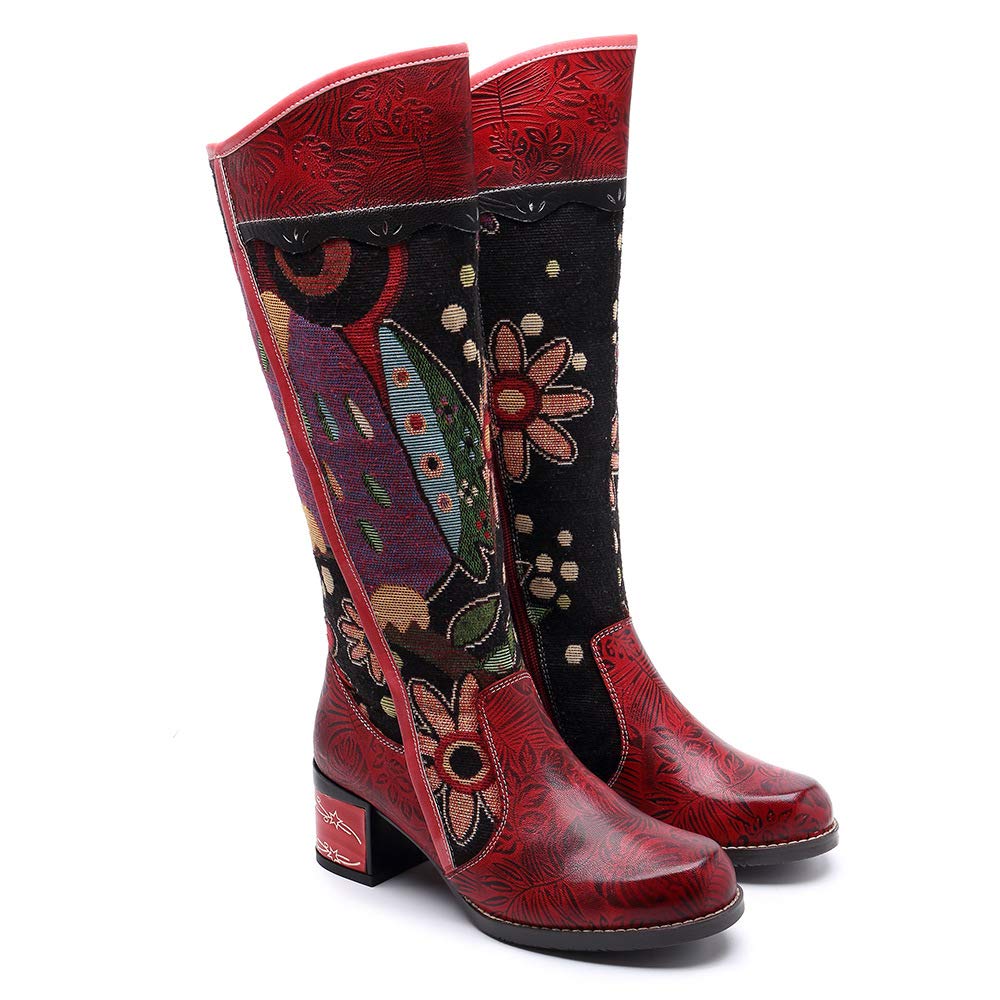 CrazycatZWomens Bohemian Knee High Boots Leather Block Heel Long Bootie  Exotic Pattern (39 EU