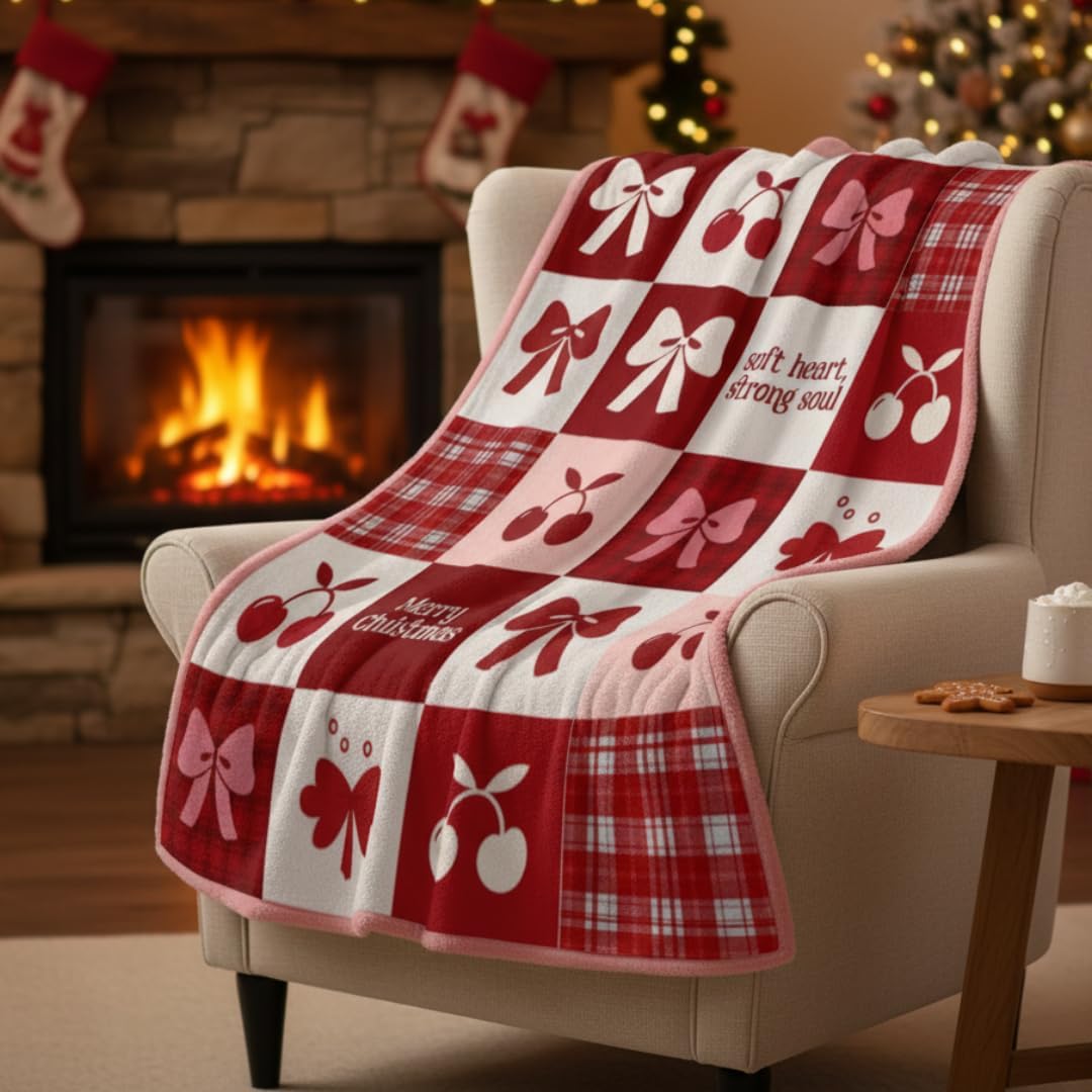 Bow Blanket, Cute Pink Bow Christmas Blanket for Couch, Soft Cozy Plush Fleece Holiday Decor, Christmas Bows Blankets Bedding for Preppy Girly Coquette Decor, Gifts for Women, Family, 50x60 Inches