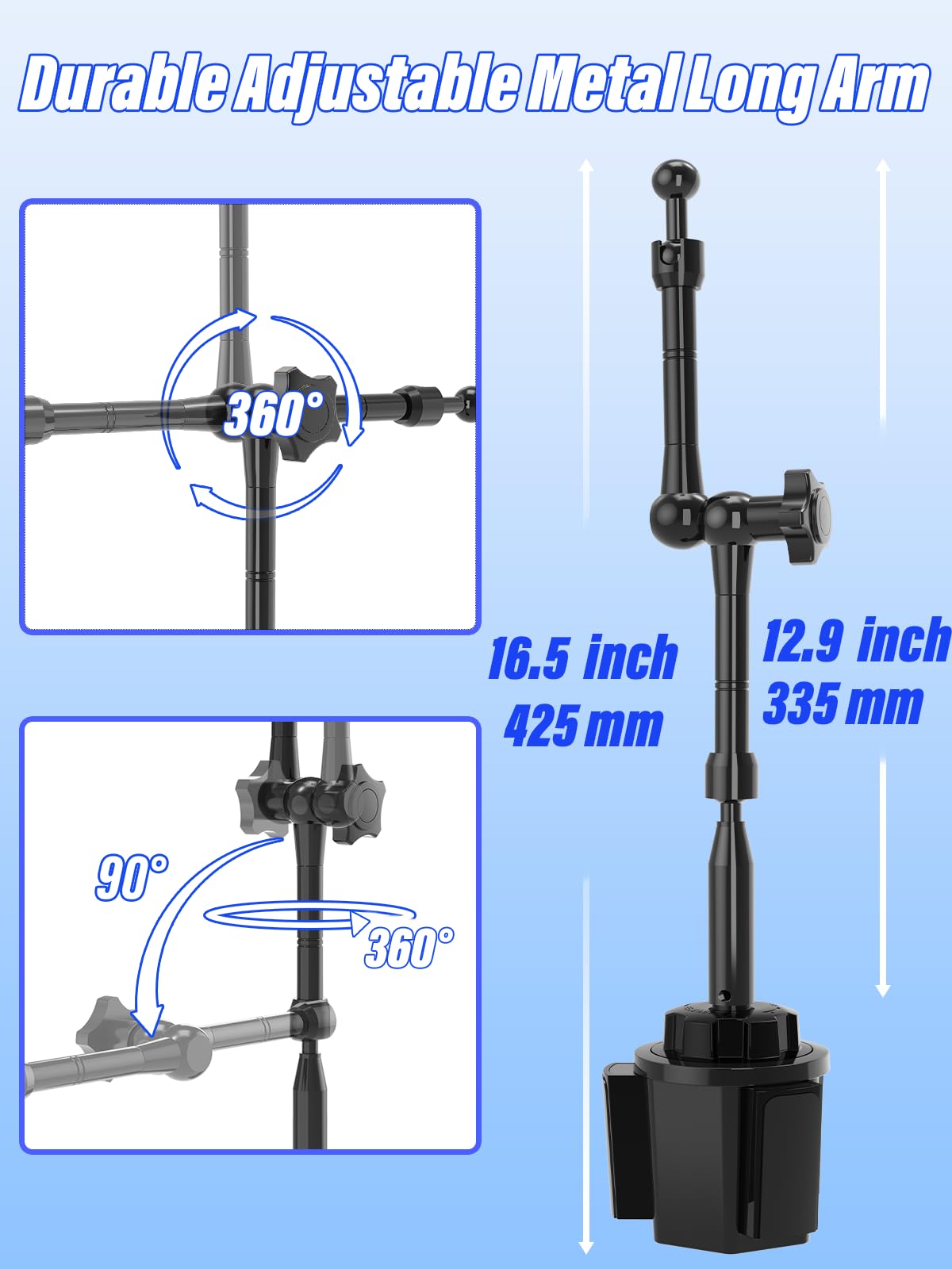 Metall Getränkehalter Auto Tablet Halterung Mit Einstellbar Metall Arm, PKW LKW Becherhalter Handyhalter für iPad Pro10.5, 11, 12.9, iPad Air Mini 6 5 4, Samsung, und Tablet mit 4.7-13 Zoll