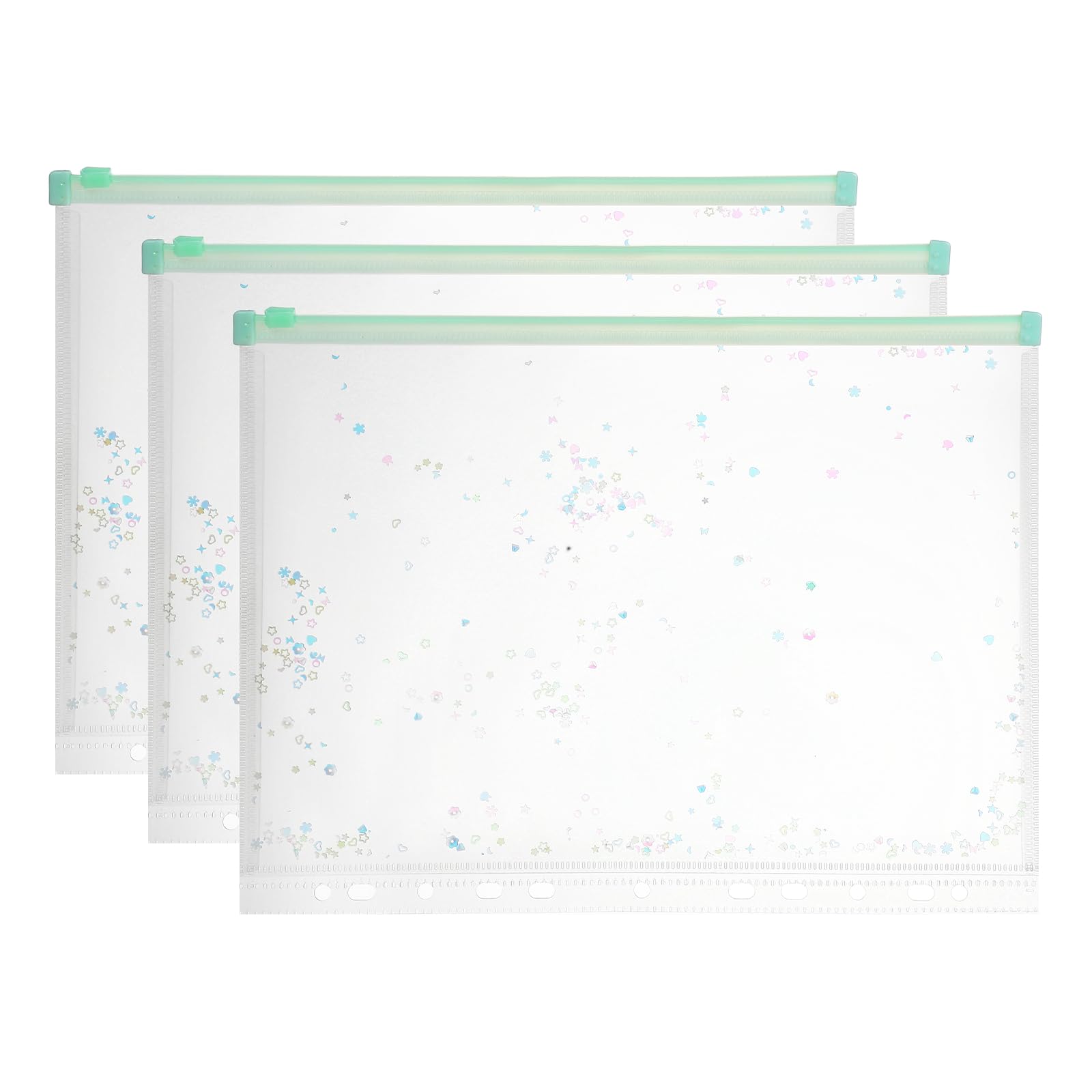 PATIKIL 3Pcs A4 Plastic Binder Zipper, Binder Pockets 12 x 9 Clear Envelope Folders Planner Waterproof Pouch Filing with Sequin Decor for Document Notebook Card Organizer, Light Green