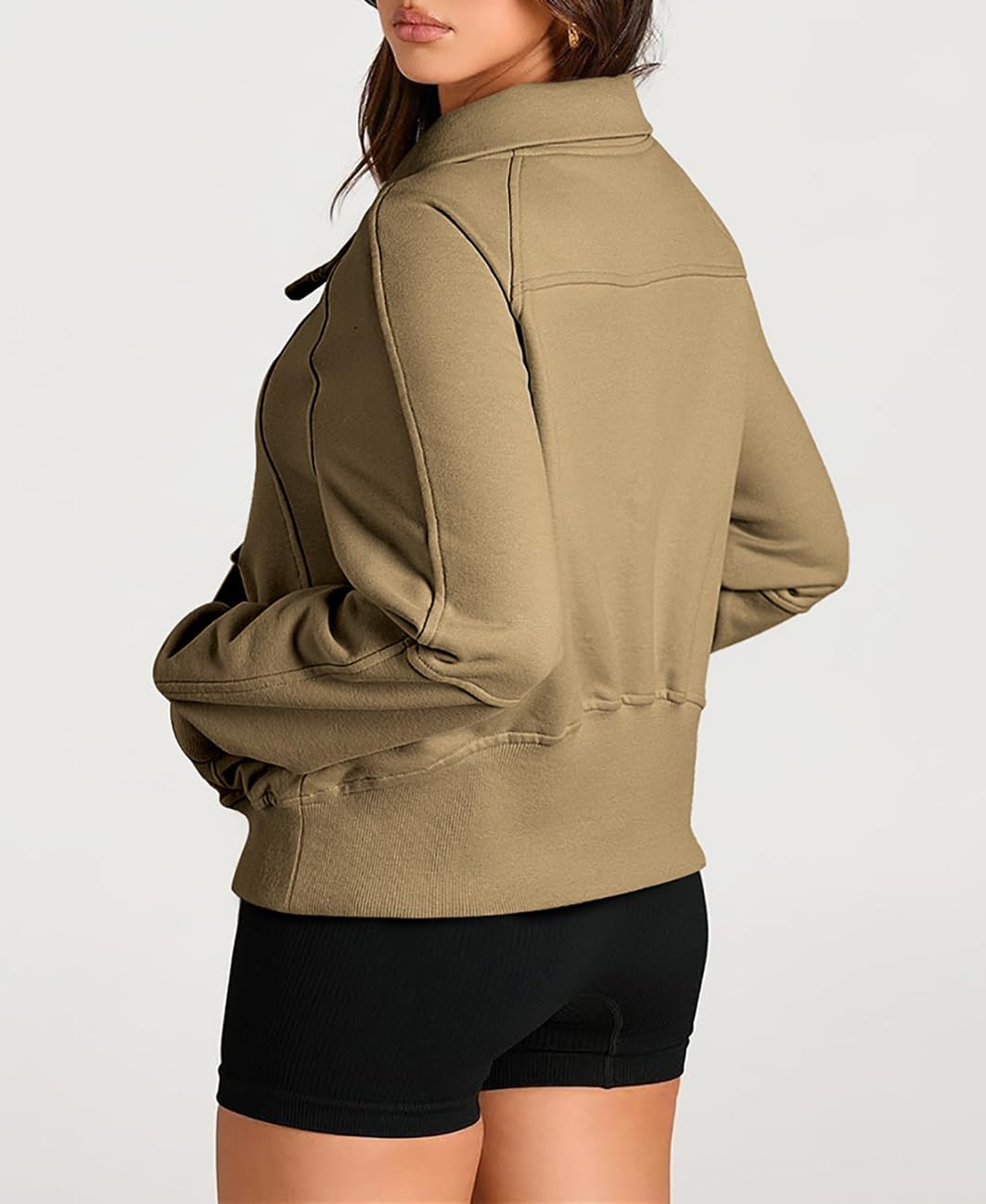 cffvdiz Mujeres 1/2 Zip Sudadera Manga Larga Cuello Canguro Bolsillo Sólido Corto Suelta Jersey Tops