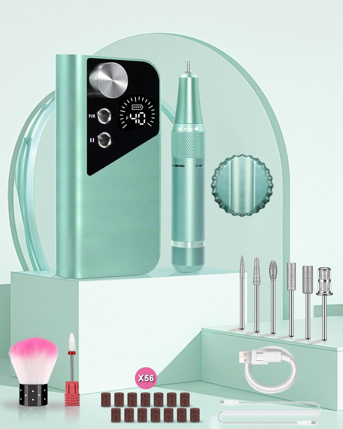 Fresa per Unghie Professionale 40000 RPM Lima Elettrica per Gel e Acrilico | 40000 Giri/min, Ricaricabile, Kit Unghie Senza Fili con 7 Punte e 56 Nastri Abrasivi, Display LCD, Verde(Pro)