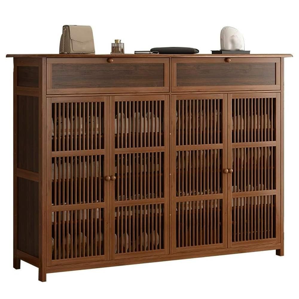 Zapatero Grande 35cm de Fondo para Zapatos Talla Grande, Mueble de Bambú con Cajón Oculto y Estantes Ajustables, Armario Recibidor para Botas, Puertas de Rejilla, 130x35x100cm