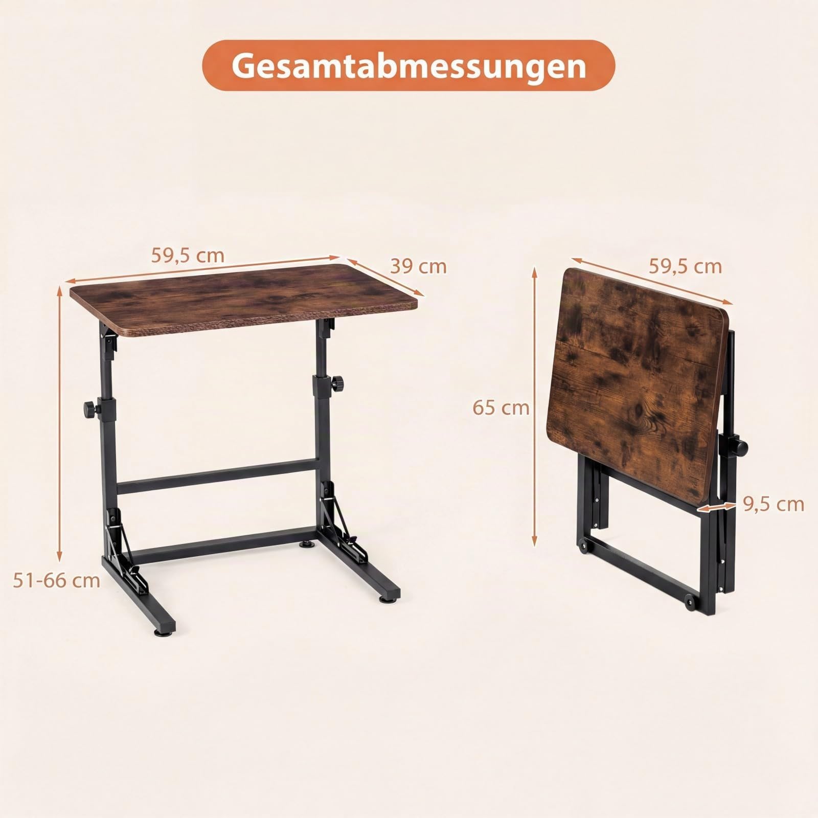 COSTWAY Betttisch, höhenverstellbarer Pflegetisch klappbar, Laptoptisch C-Form aus Metall & Holz, Beistelltisch, Krankentisch für Krankenhaus & Zuhause, 59,5 x 39 x 51-66 cm