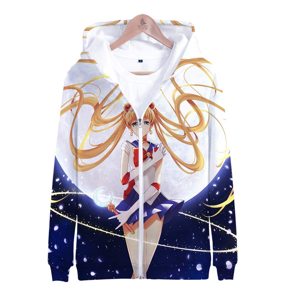 Firovps Women Unisex Anime Sailor Moon Hoodie 3D Zipper Hooded Sweatshirt with Front Pocket