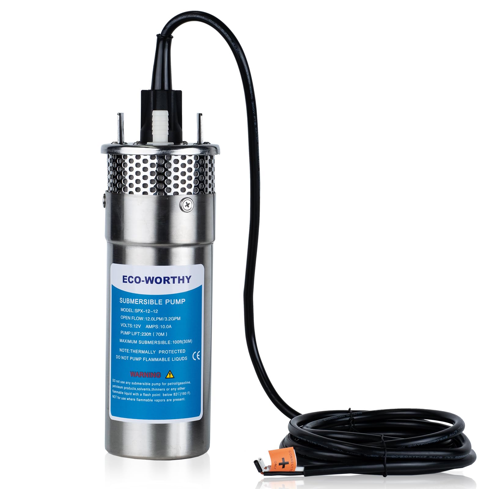 ECO-WORTHY 12V DC Submersible Deep Well Pump, IP65 Waterproof, MAX Flow 3.2GPM, Max Head 230ft, Water Pump Powered by Solar or Battery for Irrigation, Deep Well Water Extraction, Off-Grid Use