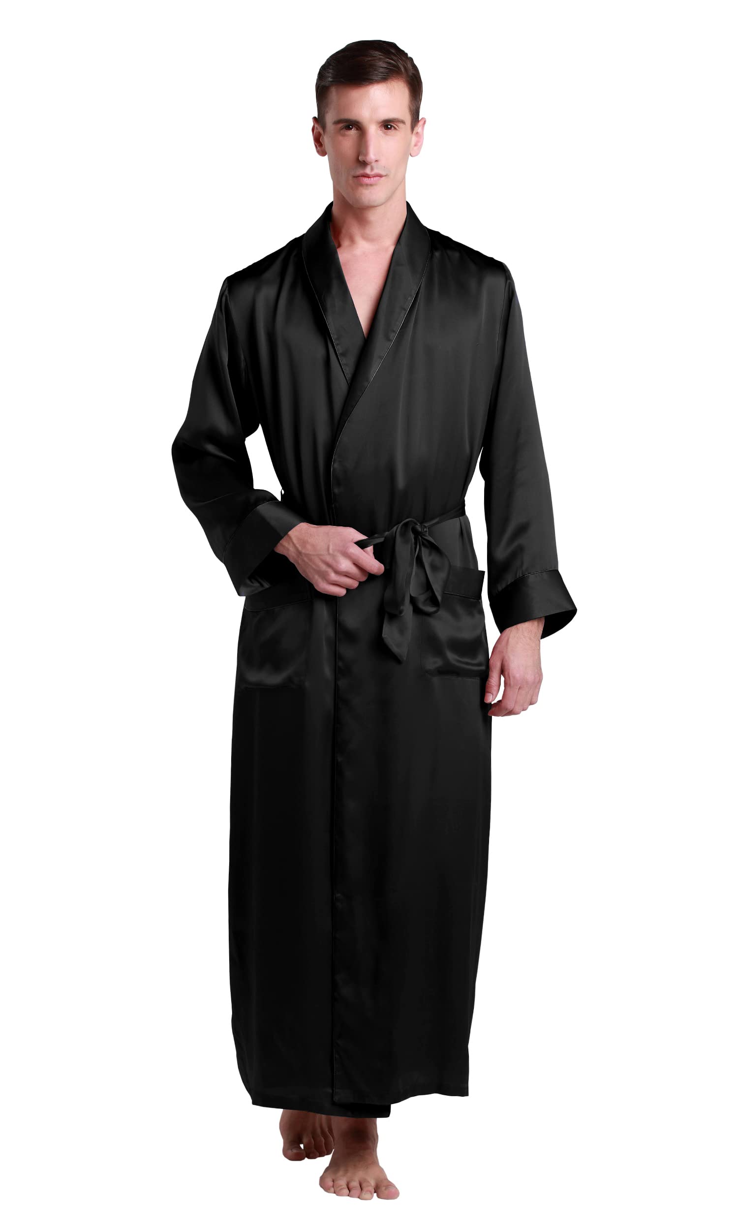 Lilysilk Men's Black 100 Silk Dressing Gown Silk Kimono Robe Long 22 Momme Pure Mulberry Silk Size 38/M
