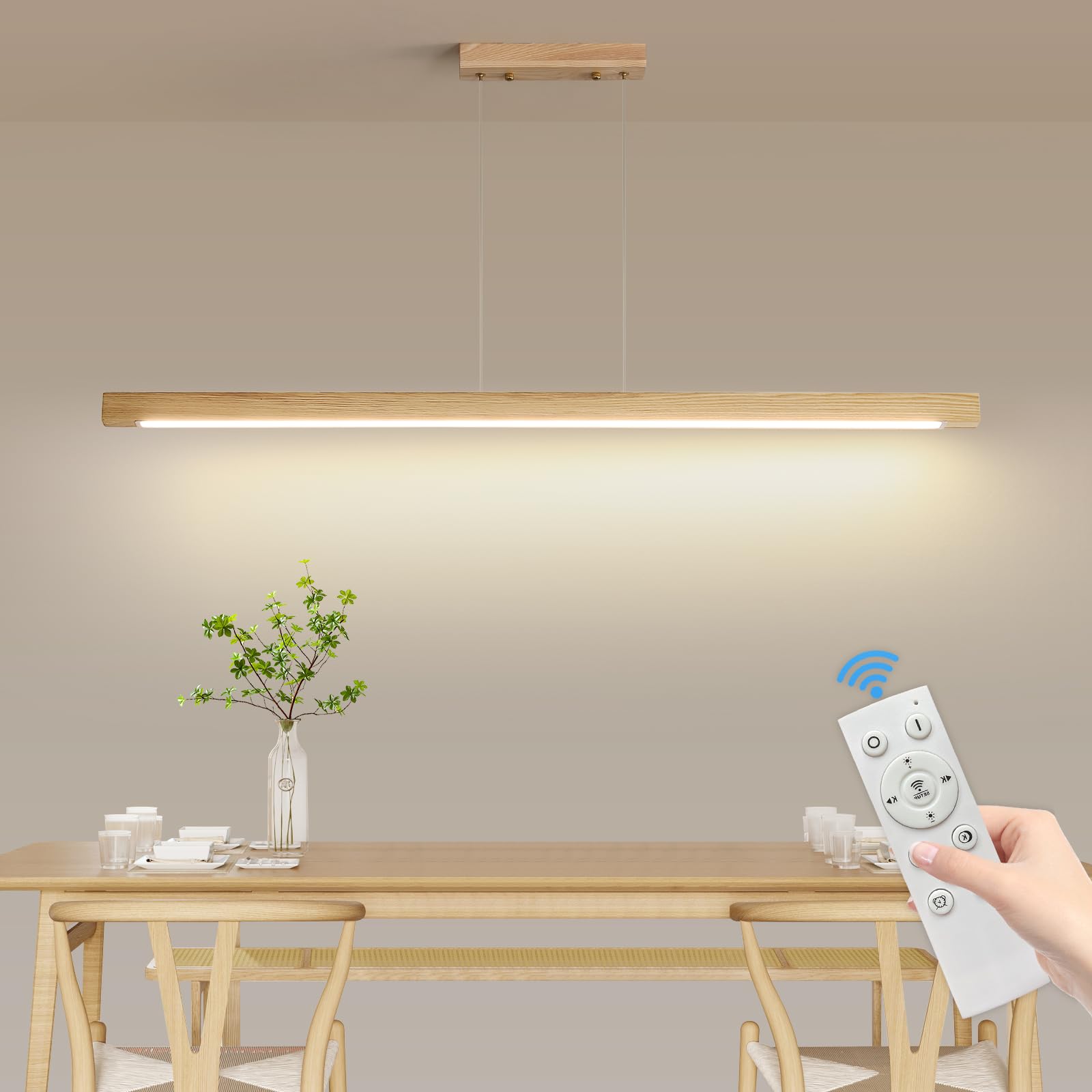 SHINELUX Wood Pendant Light with Remote Control Dimmable, 3000k 4500k 6500k, Linear Led Ceiling Light for Living Room, Dining Room, Hallway