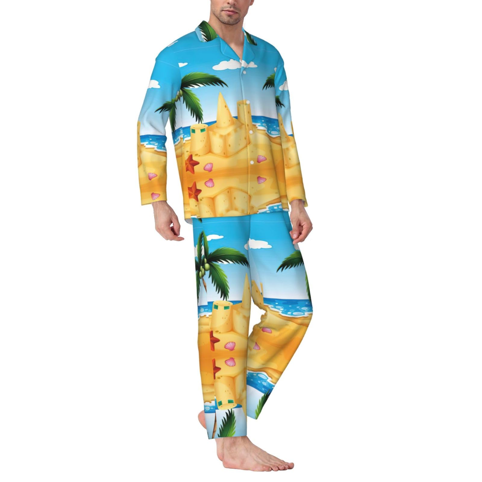 Conjunto de pijama con estampado de casa de arena para hombre, pijama suave de manga larga con botones y bolsillos
