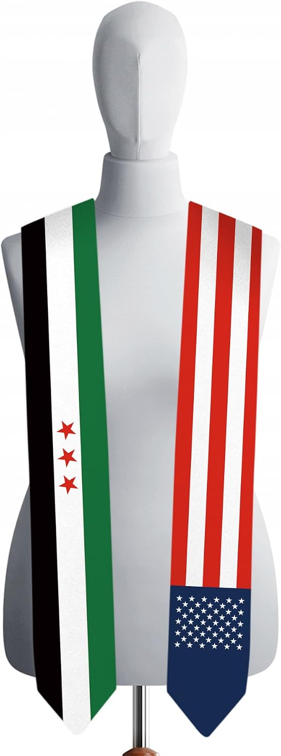 72 Inch Syria Coalition Flag and USA Flag Graduation Sash Unisex Adults Graduation Stole Scarf International Class of 2025 (Not Include Baccalaureate Gown and Hat)