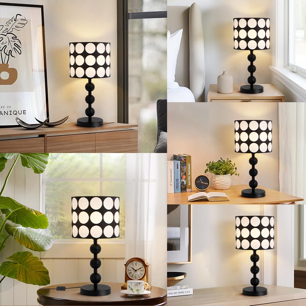 Lampada da Tavolo con Sfere Bianche e Nere, Paralume in Plastica con Motivo a Pois, Diametro 25 cm, Attacco E27, Lampadina non Inclusa