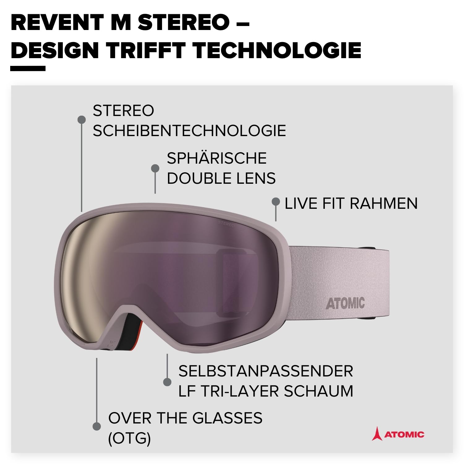 ATOMIC REVENT STEREO HD Skibrille I Ski- & Snowboardbrille mit Stereo Scheibentechnologie für klare Sicht I Damen- & Herren-Ski-Brille mit Live Fit Rahmen für individuelle Passform