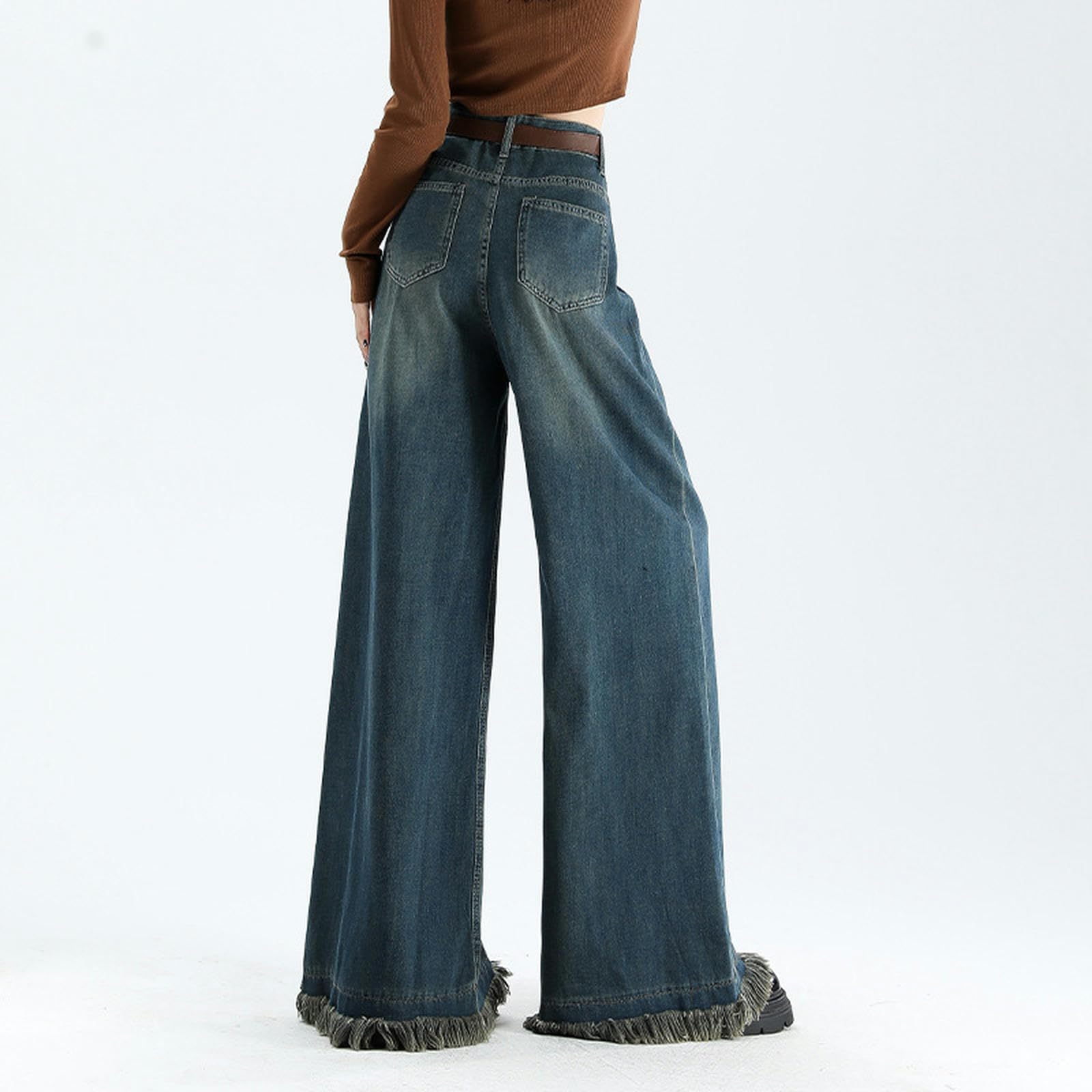 Jeans a Gamba Larga per Donna, Vita Alta, Larghi, alla Moda, Pantaloni a Gamba Larga Gonna - Bordo a Gamba Larga - M