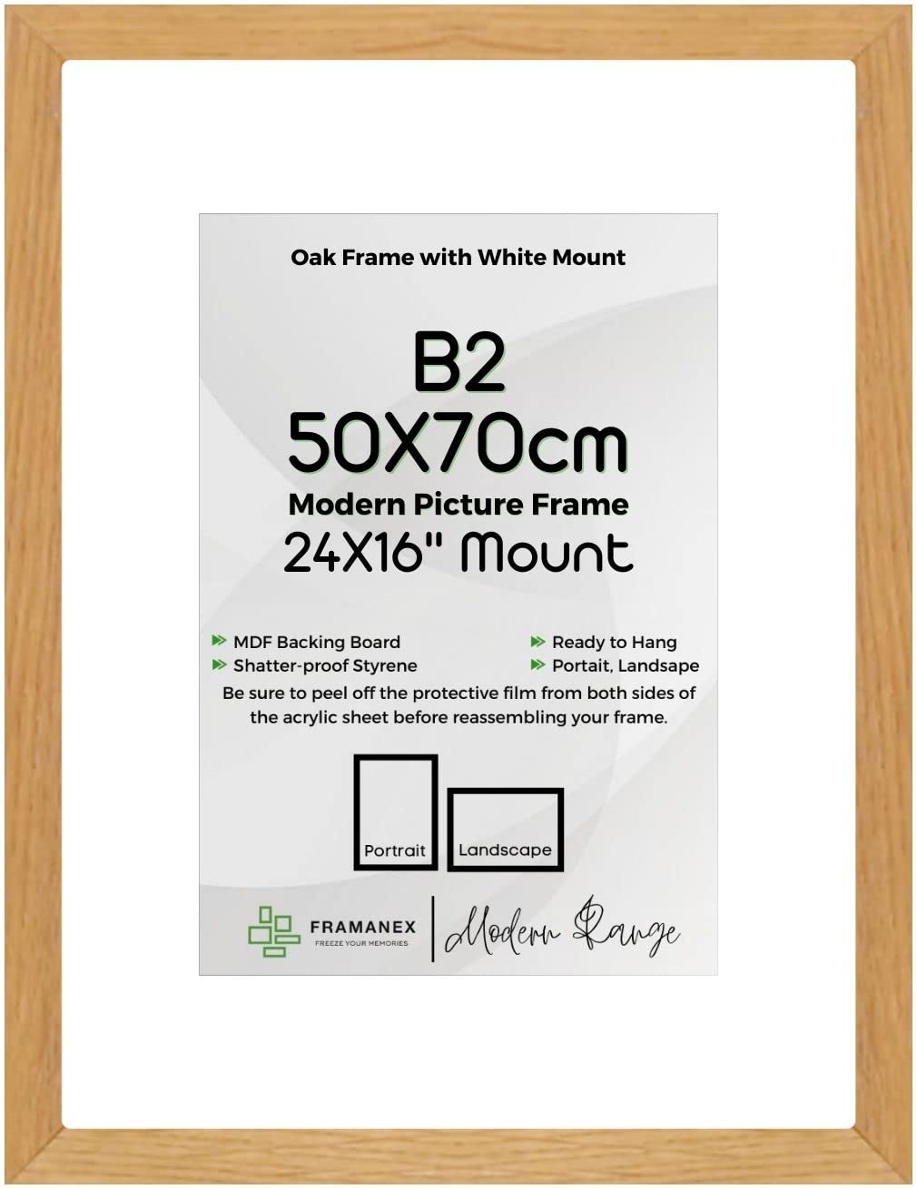 FRAMANEX OAK Large B2 Picture Poster Frame Size 19.69 X 27.56 inch, 50 X 70cm, 500 X 700mm with White mount to fit image print size 24 X 16 inches, 60 X 40cm, 600 X 400mm [OAK B2 Frame]