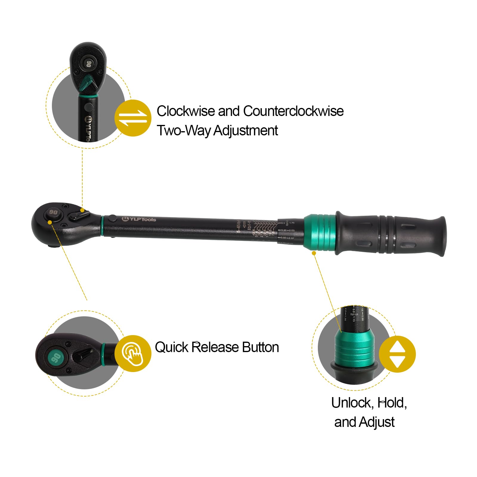 Llave dinamométrica de clic de 1/2 pulgada, 10-250 pies-libras (13.6-339 Nm), precisión ± 3%, trinquete de 90 dientes, doble dirección, acero al cromo vanadio con caja de almacenamiento