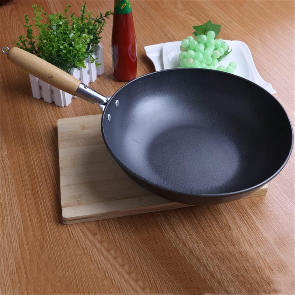 Frying Pan High-end Home Non-Stick 30cm Wooden Handle Traditional Wok Super Cost-Effective Scrambled Eggs (Color : A Size : 1pcs)