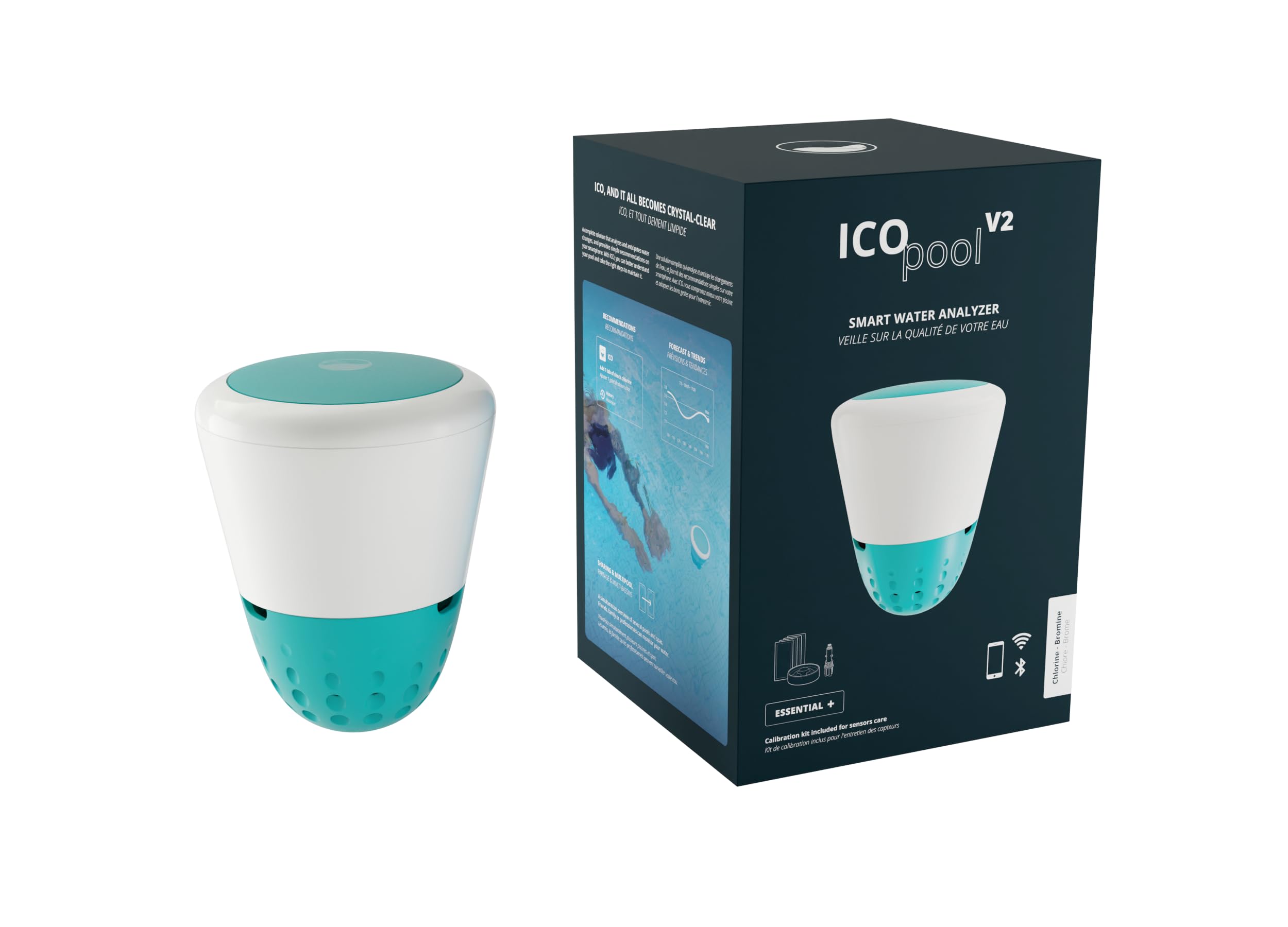Ondilo ICO Pool V2 Essential+ Chlore Brome - Analyseur d'eau connecté pour piscines traitées au Chlore ou au Brome - Mesures toutes les heures pH, ORP, température de l'eau - Kit de calibration inclus