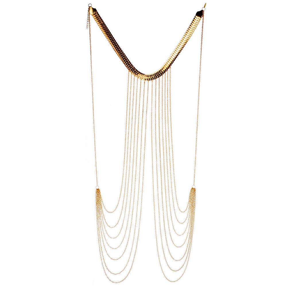 yomiie Body Chain Layered Gold Tassels Necklace Fashion Jewelry Belly Waist Bra Boho Hot Bikini Beach Harness Anniversary Festival Gift for Women Lady, Alloy-picture-52