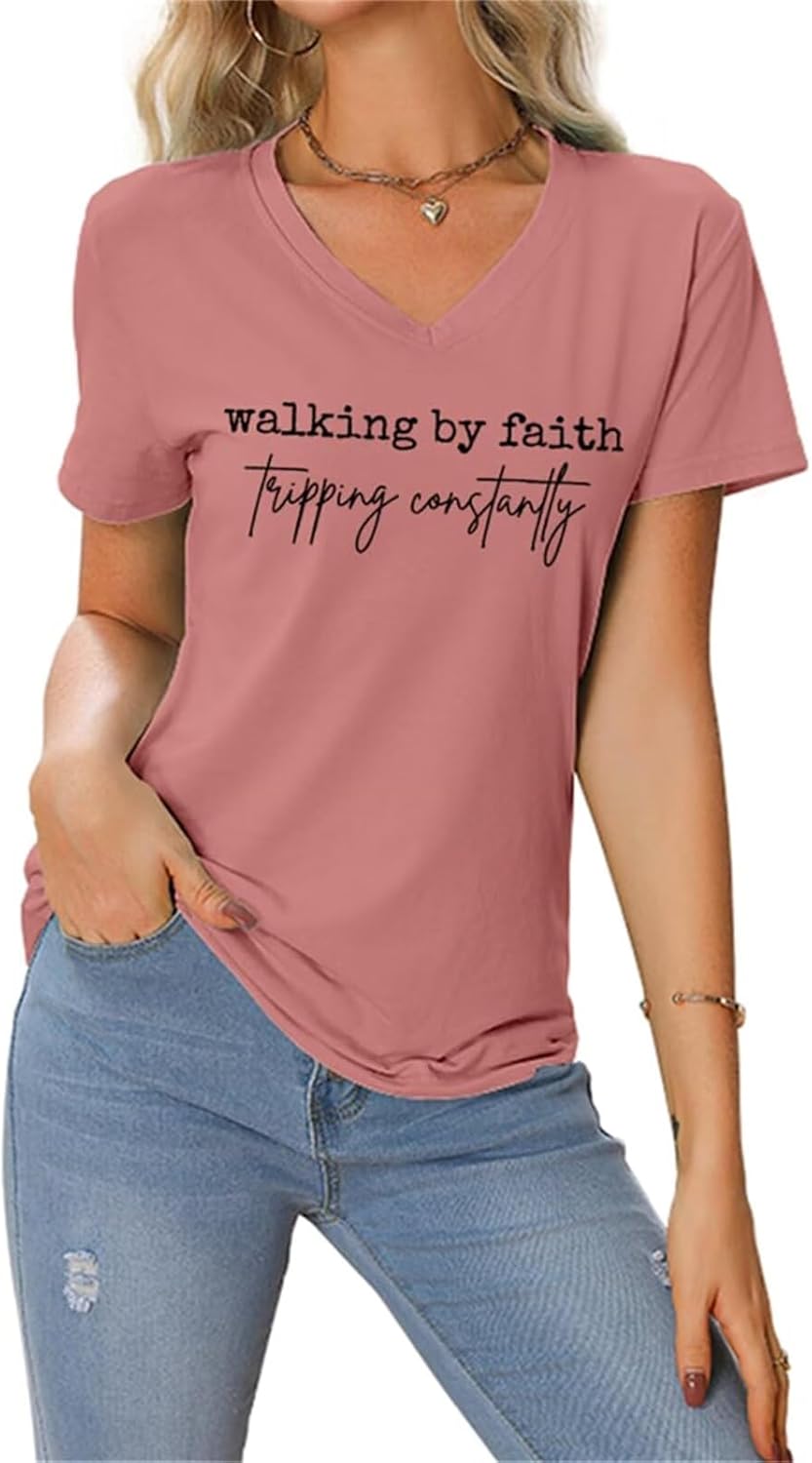 Christian Shirts for Women Faith Inspirational Tee Walking by Faith Tripping T Shirt Religious T-Shirt Short Sleeve - Image 2