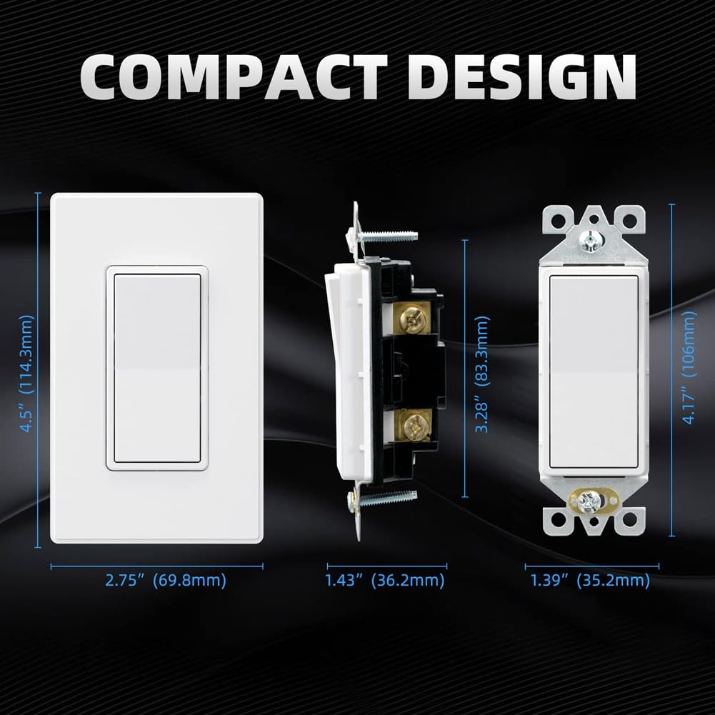 Interruptor de Luz Unipolar Mate de 15 A, 120-277 V, Interruptor Basculante de de Repuesto, Interruptor de Pared de Encendido/Apagado, Paquete de 10
