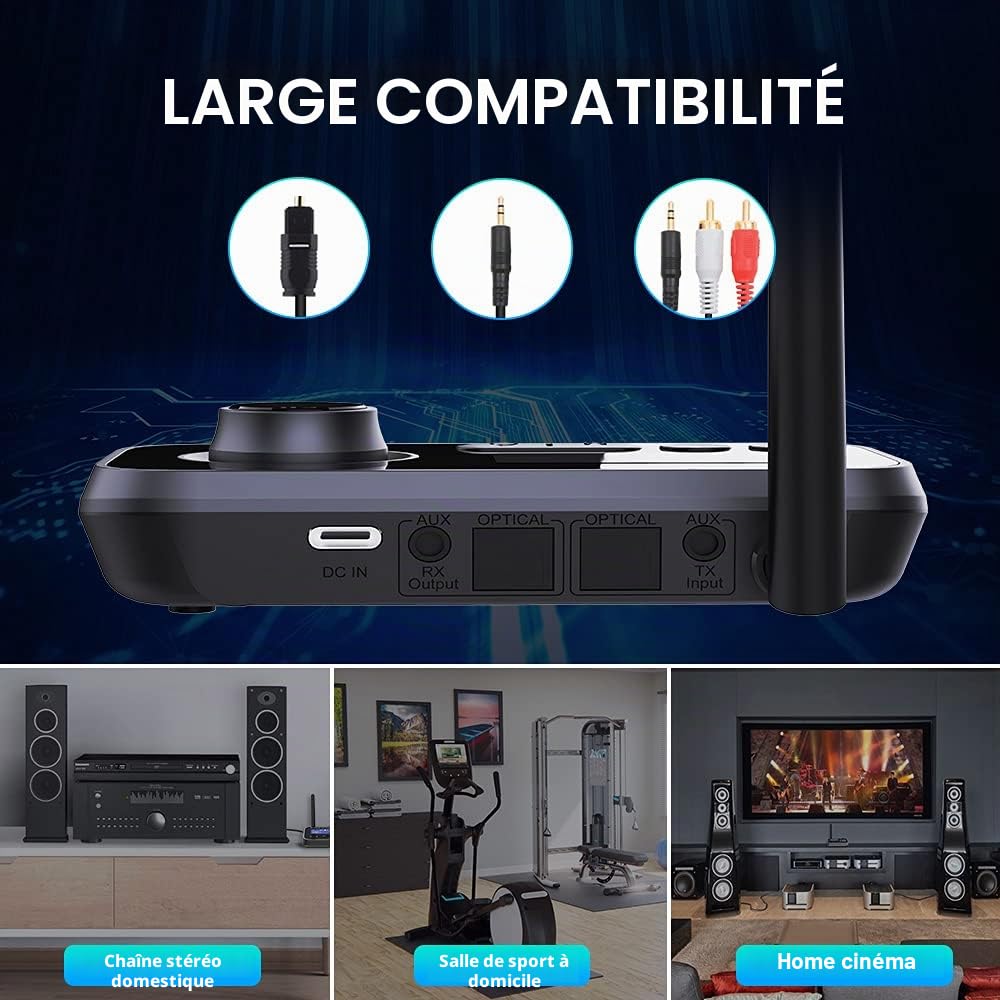 Émetteur Récepteur Bluetooth 3 en 1 Adaptateur Audio Bluetooth 5.3 Double Connexion Transmetteur Receveur Bluetooth avec RCA/Optique/AUX Contrôle du Volume Bypass vers TV, Stéréo, Écouteurs