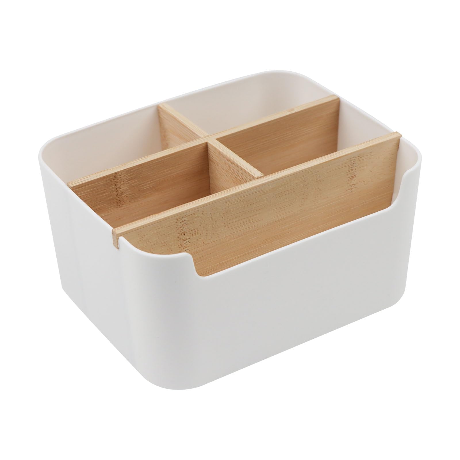 YIWONFU Organizador Escritorio Madera, 5 Compartimentos Organizador de Escritorio de Bambú Multiusos Organizador Mando a Distancia para Bolígrafos, Notas Adhesivas, Gafas, Tijeras(Blanco)