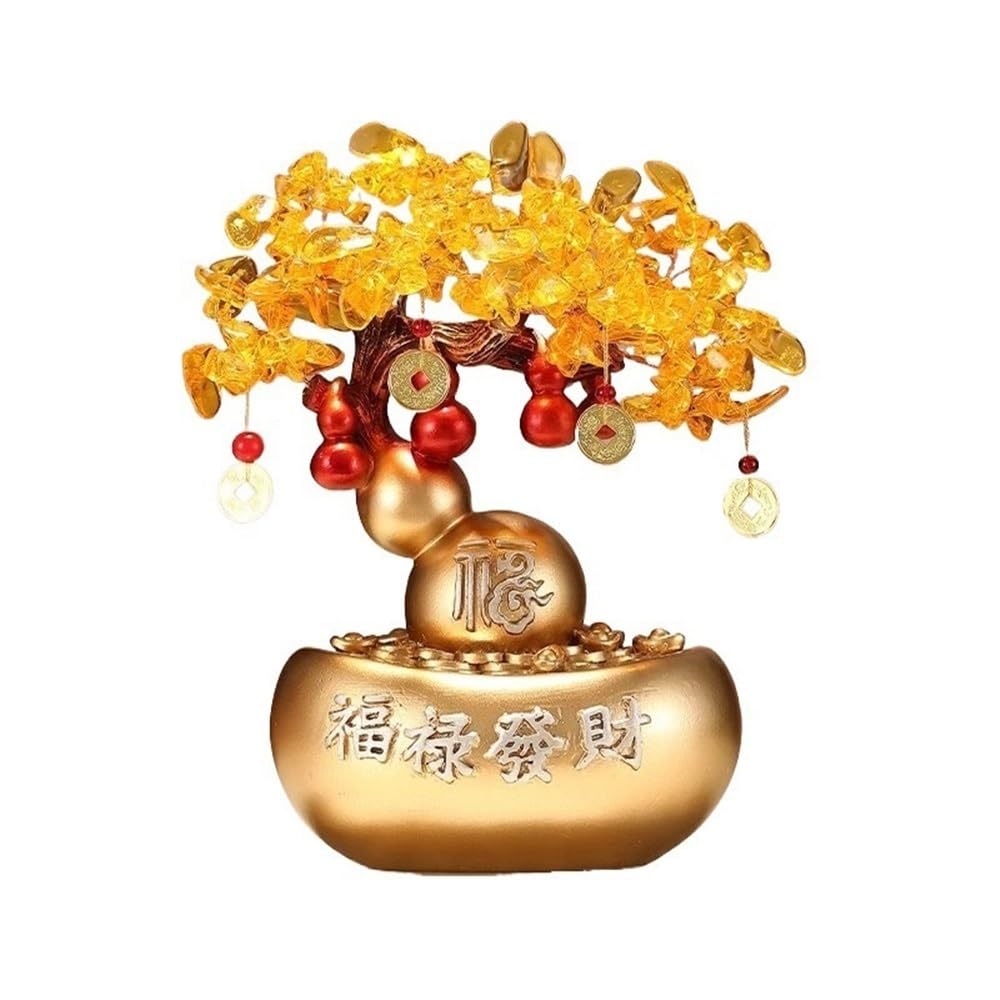 Home Decor Feng Shui Gemstone Money Tree Ornaments, Fortune Gourd Gold Ingot Citrine Crafts Bonsai(Gold)