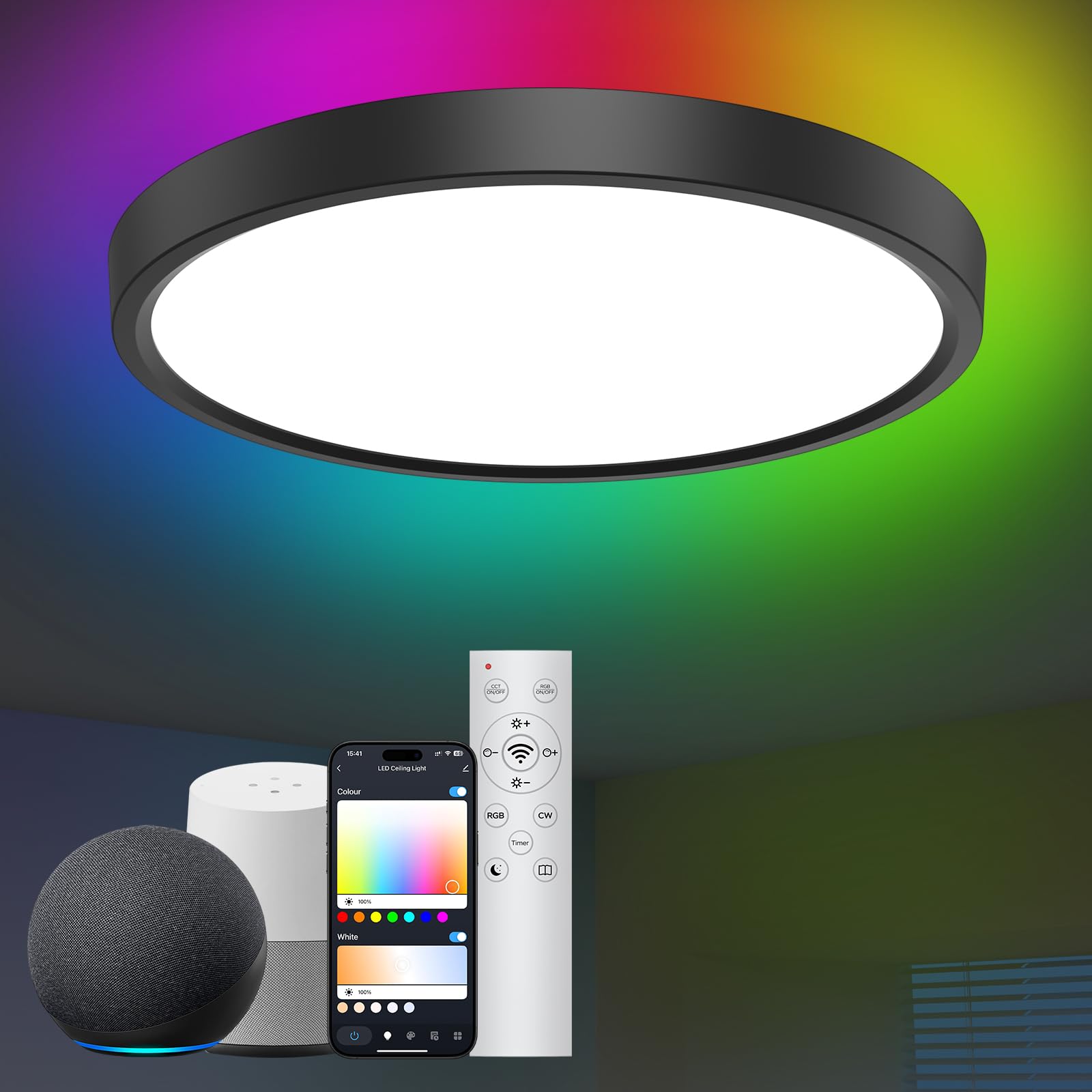Modlicht LED Deckenleuchte Kompatibel mit Alexa App Steuerung 28W Ø30cm Smart RGBIC LED Deckenlampe Dimmbar mit RGB-Hintergrundbeleuchtung, DIY-Farben, geeignet für Wohnzimmer, Schlafzimmer, Schwarz