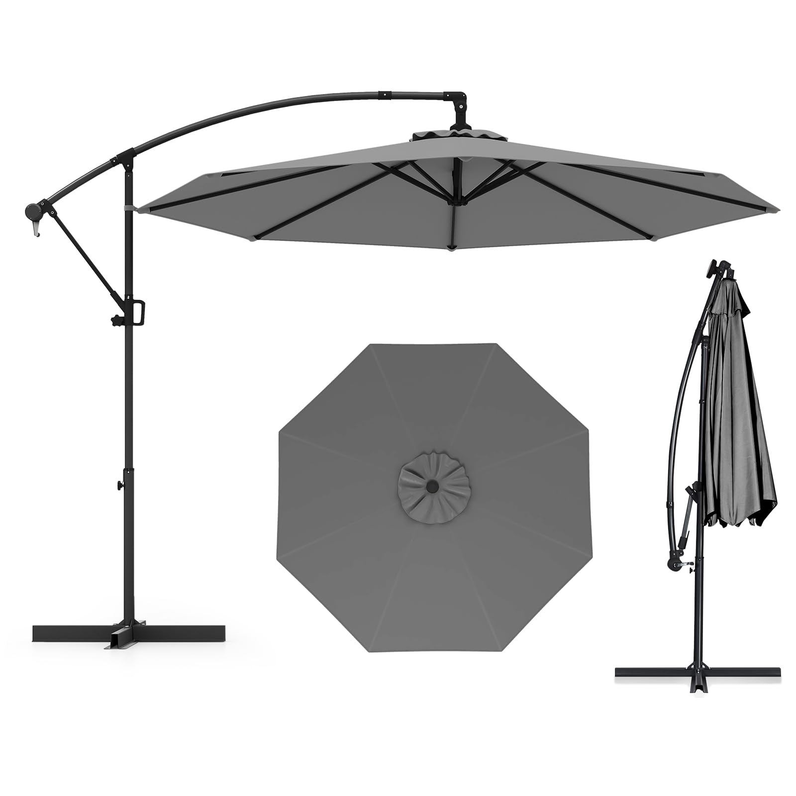 TANGZON 3m Cantilever Garden Parasol, Heavy Duty Offset Patio Umbrella with Cross Base, 360° Rotation & Easy Tilt Adjustment, Outdoor Square Hanging Sun Shade Roma Umbrella (Grey, without Lights)