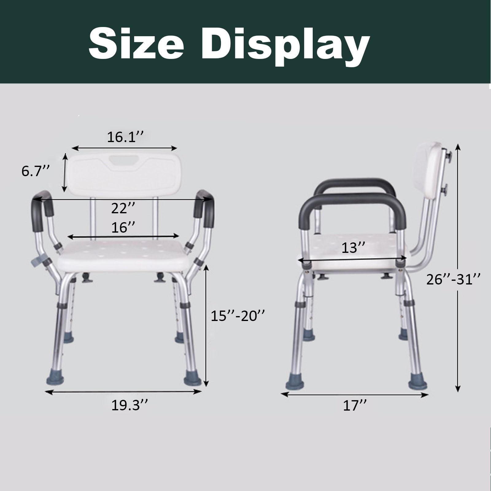 Silla de ducha con reposabrazos acolchados y respaldo, asiento de ducha antideslizante para bañera, silla de ducha ajustable en altura para capacidad de 380 libras, silla de ducha para bañera interior