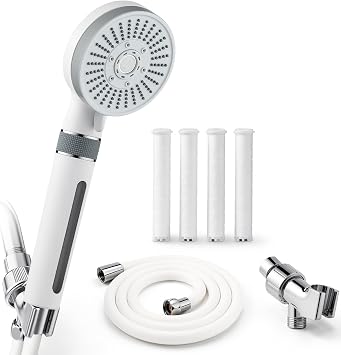 Filtered Shower Head with Handheld, 5 High Pressure Spray Modes, 4 PP Cotton Filters for Hard Water, Flexible Silicone Hose & Adjustable Bracket, Improves Skin Hair