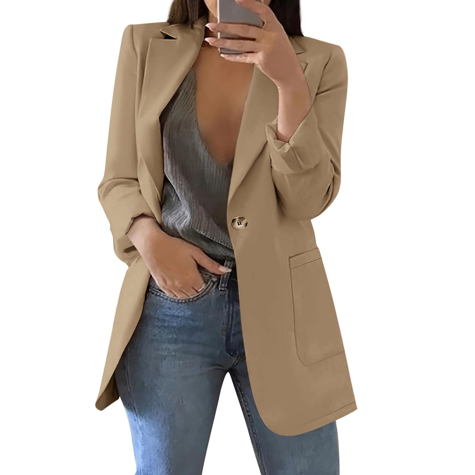 Blazer da donna a maniche lunghe con lapel e bottoni, elegante giacca con apertura frontale e tasche, blazer da lavoro, slim fit, per ufficio ed occasioni eleganti